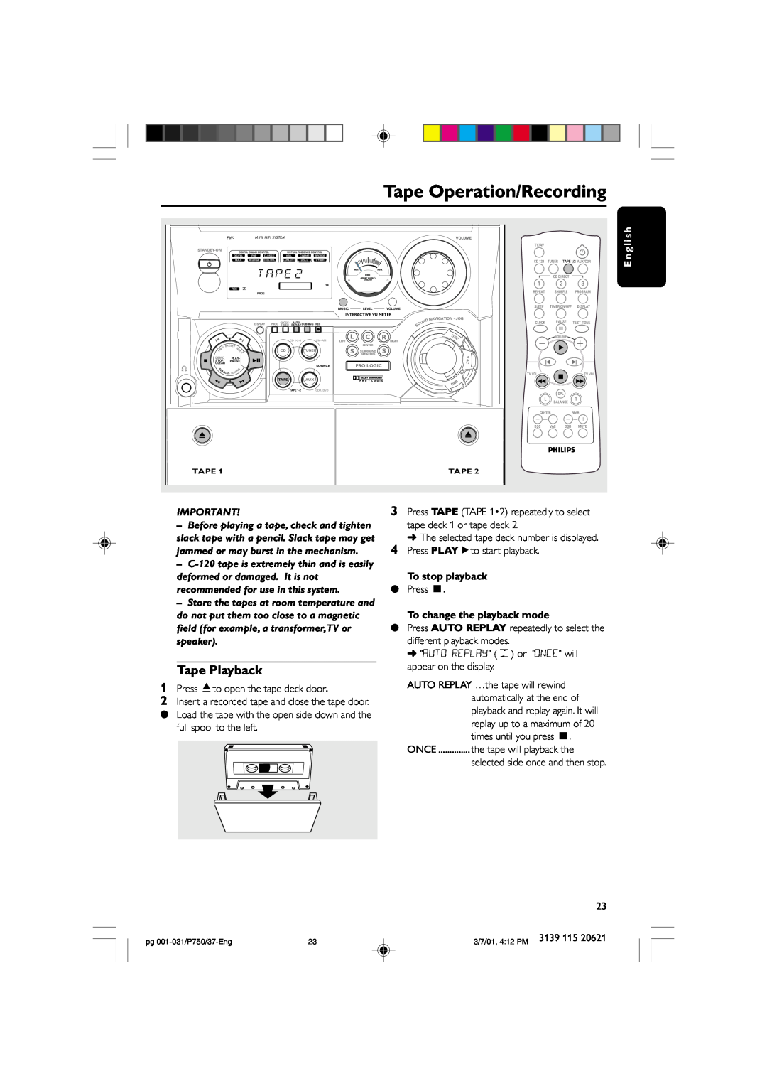 Philips FWP750 manual Tape Operation/Recording, Tape Playback, To change the playback mode 