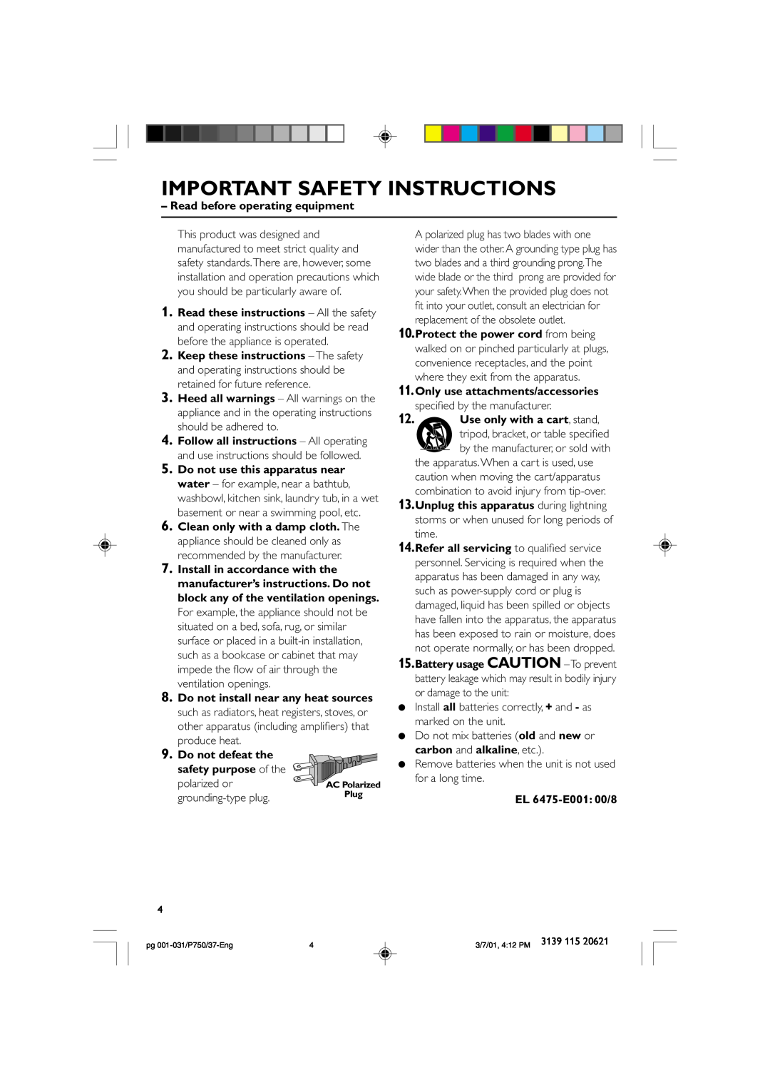 Philips FWP750 manual Important Safety Instructions 