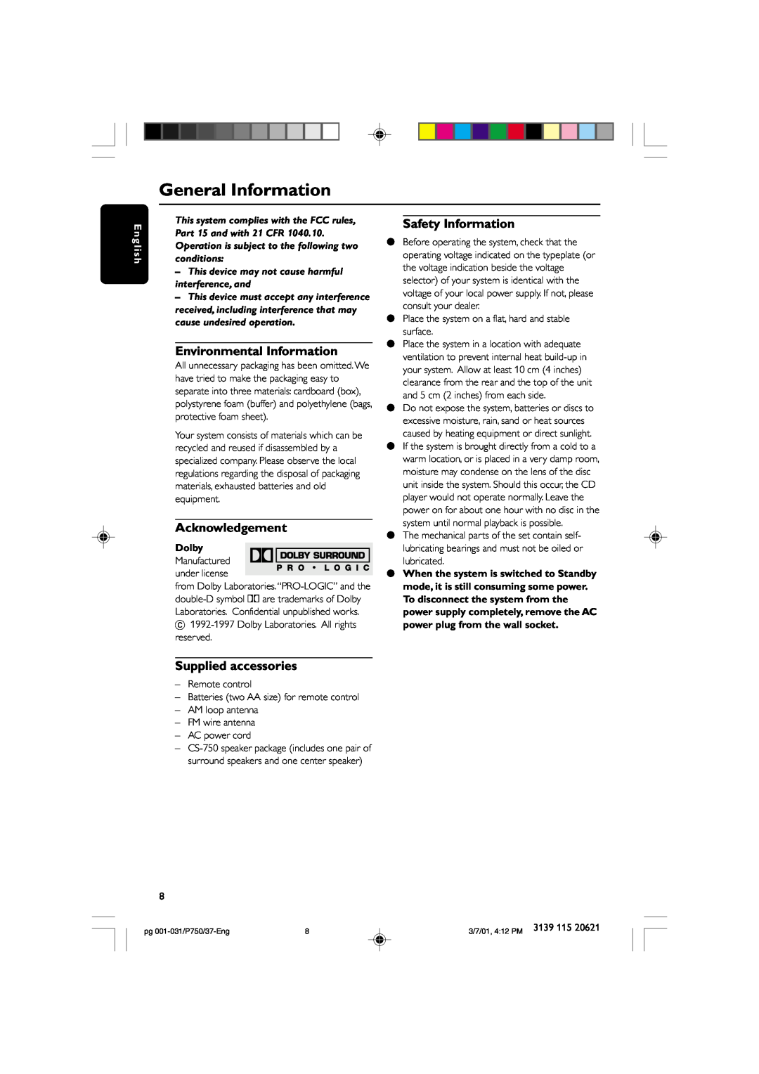Philips FWP750 General Information, Environmental Information, Acknowledgement, Safety Information, Supplied accessories 