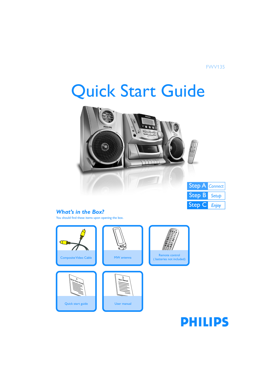 Philips FWV135 quick start What’s in the Box?, Quick Start Guide, You should find these items upon opening the box 
