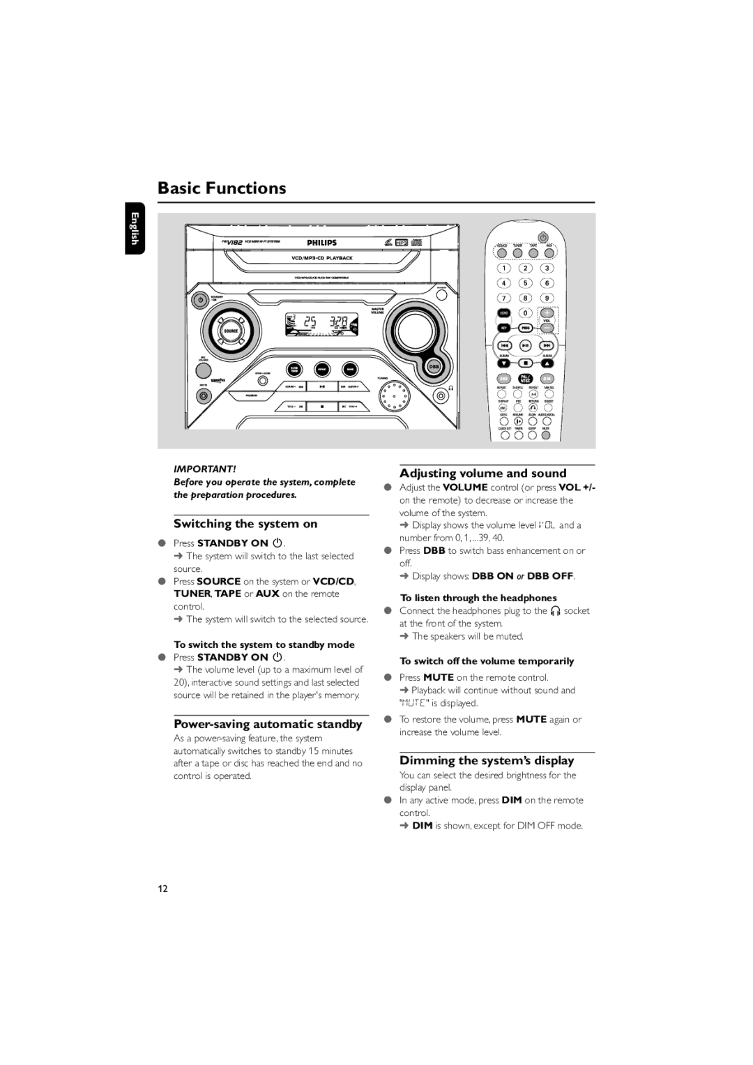 Philips FWV182 manual Basic Functions, Switching the system on, Power-saving automatic standby, Adjusting volume and sound 