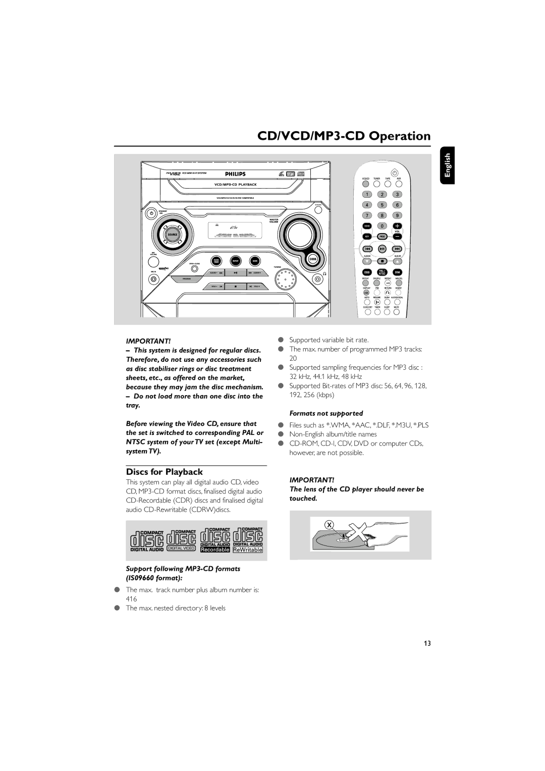 Philips FWV182 manual CD/VCD/MP3-CD Operation, Discs for Playback 