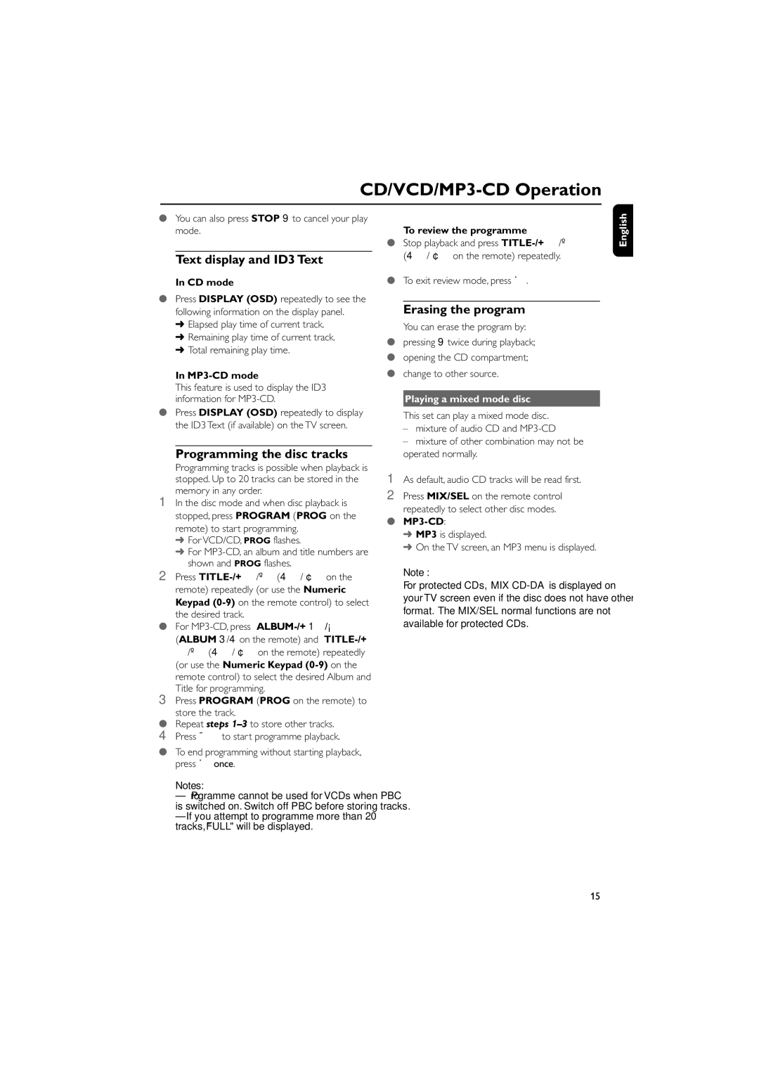 Philips FWV182 manual Text display and ID3 Text, Programming the disc tracks, Erasing the program 