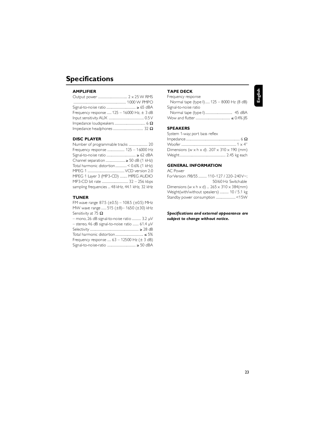 Philips FWV182 manual Specifications 