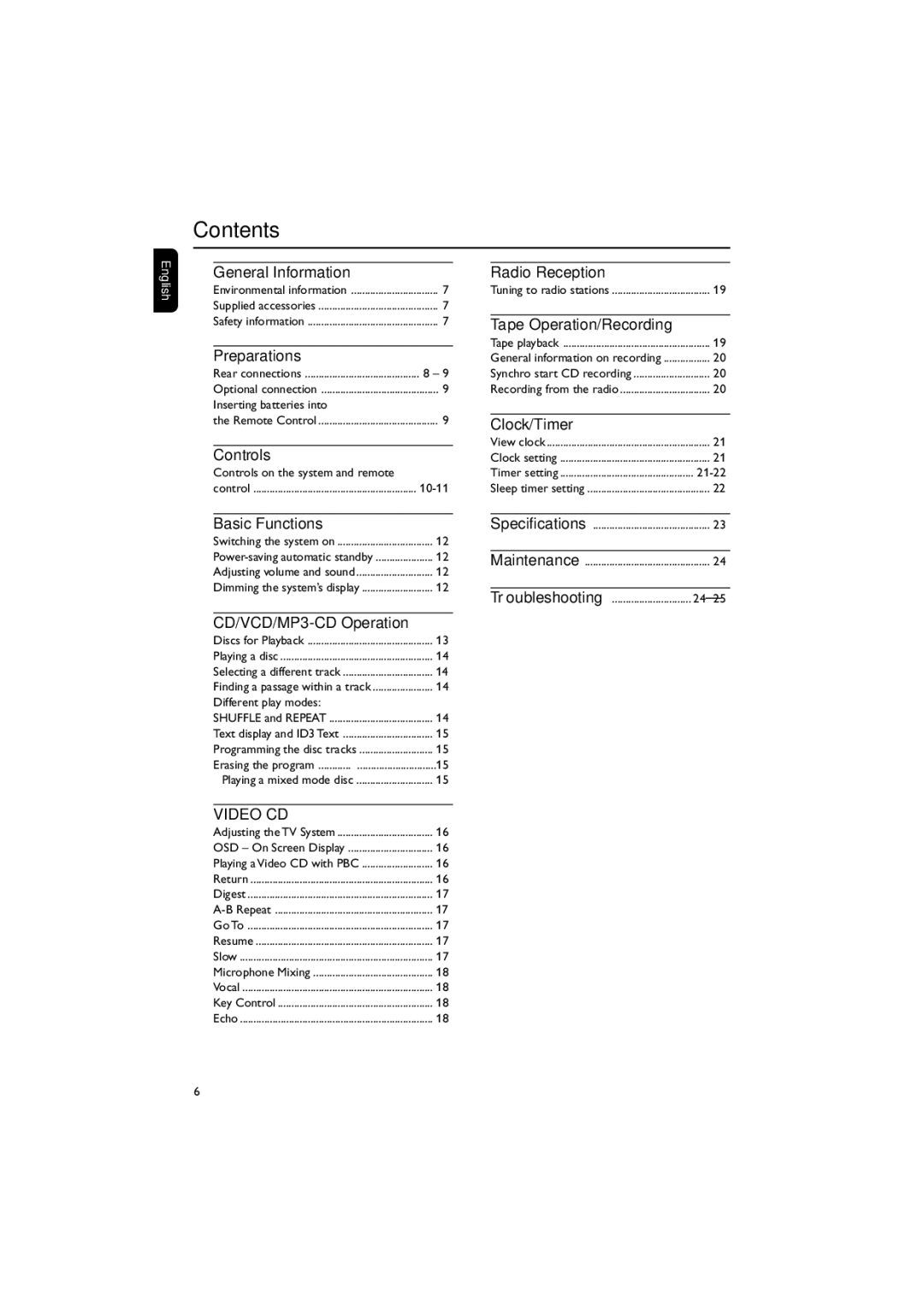 Philips FWV182 manual Contents 