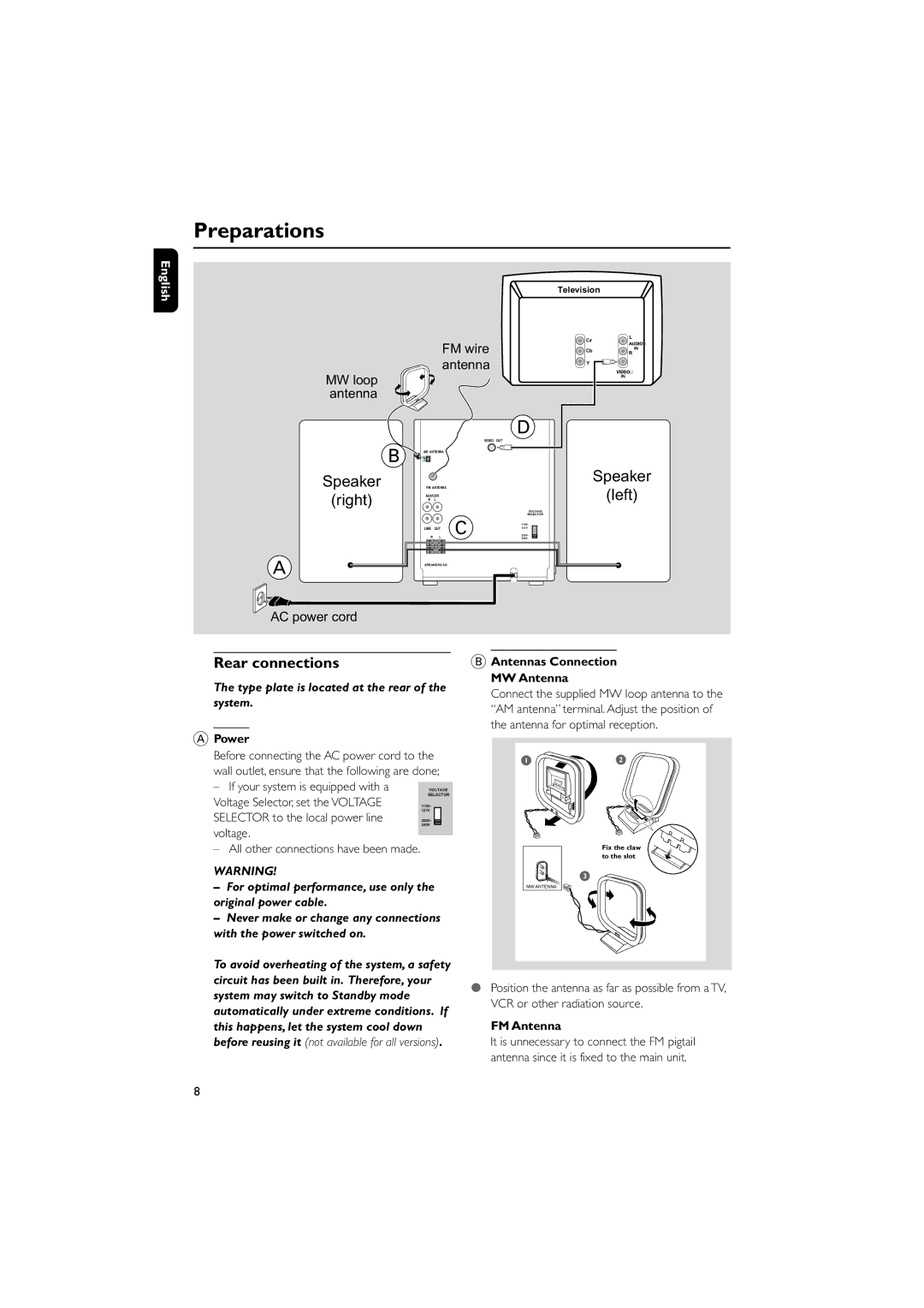 Philips FWV182 manual Preparations, Speaker, Left, Right, Rear connections 