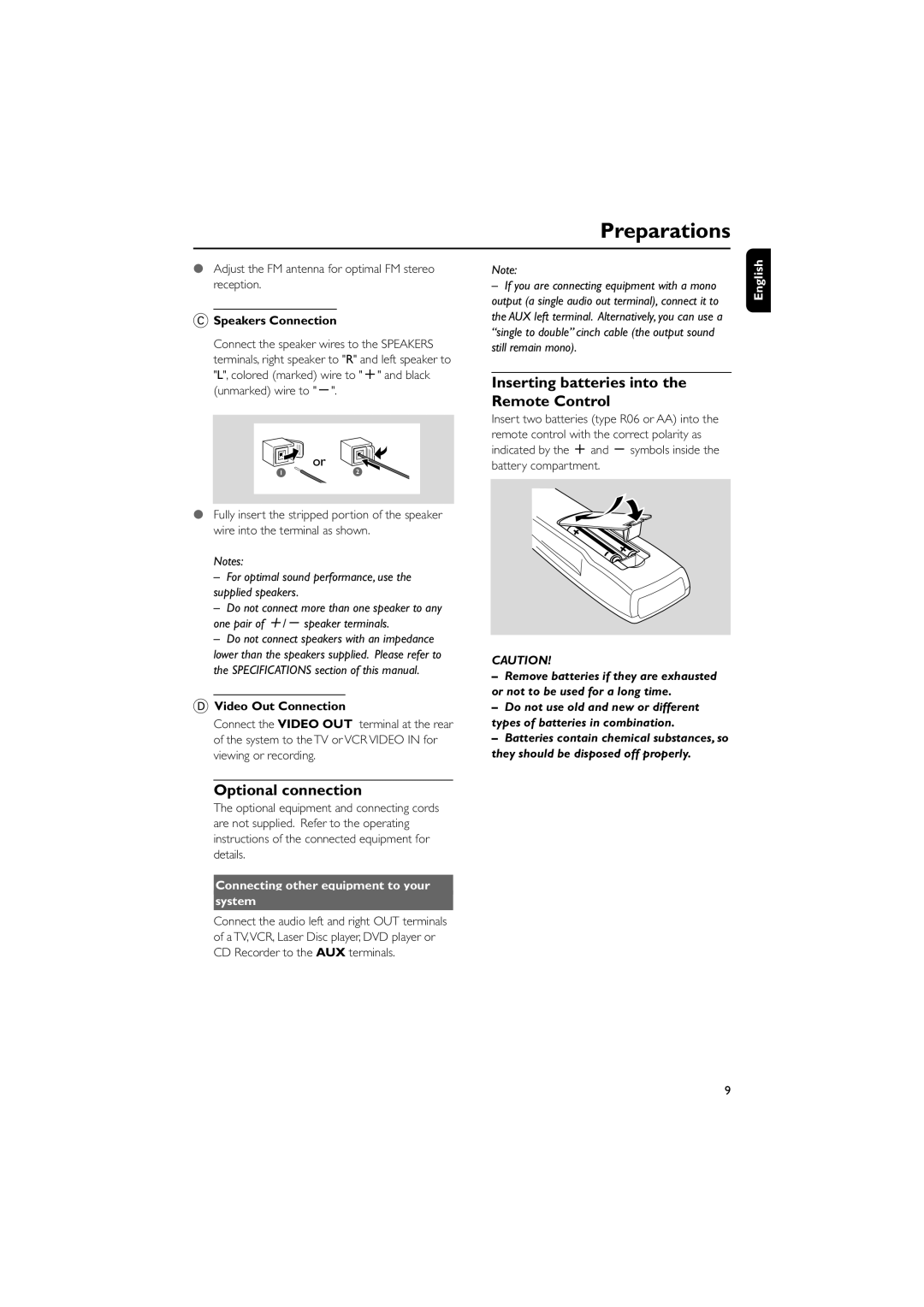 Philips FWV182 Inserting batteries into the Remote Control, Optional connection, Speakers Connection, Video Out Connection 