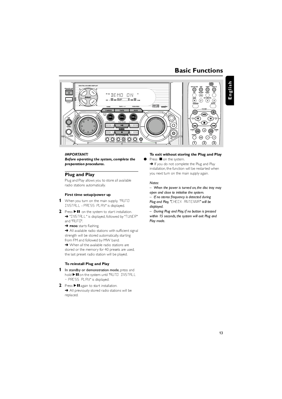 Philips FWV357/55 manual Basic Functions, First time setup/power up, To reinstall Plug and Play 