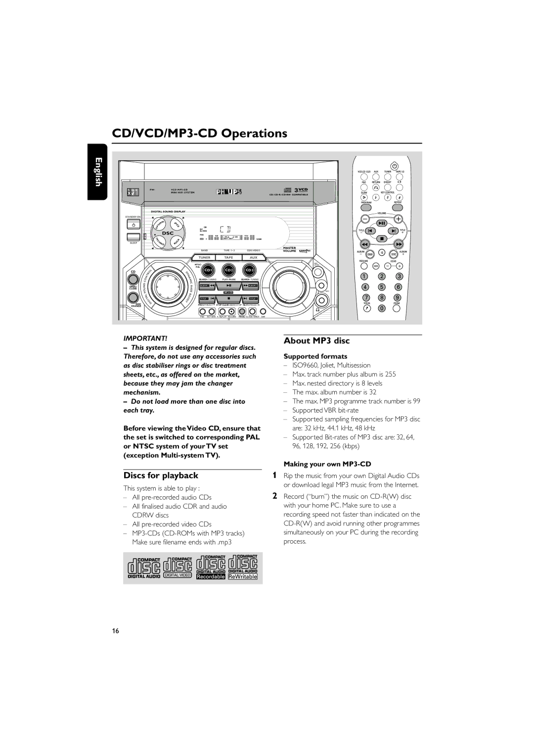 Philips FWV357/55 manual CD/VCD/MP3-CD Operations, Discs for playback 