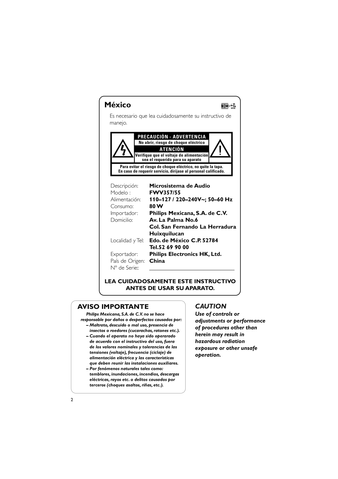 Philips FWV357/55 manual México 