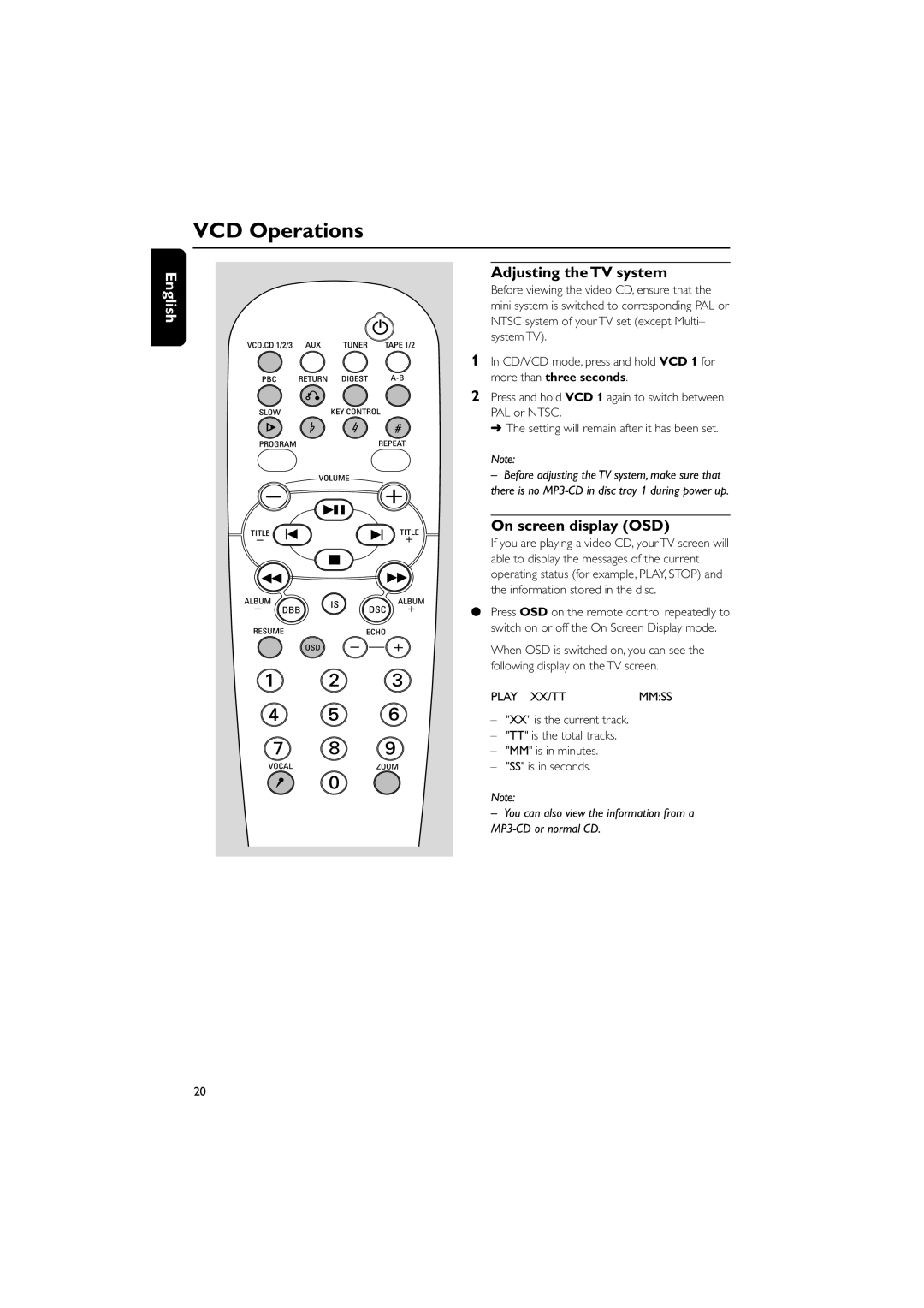 Philips FWV357/55 manual VCD Operations, Adjusting the TV system, On screen display OSD 