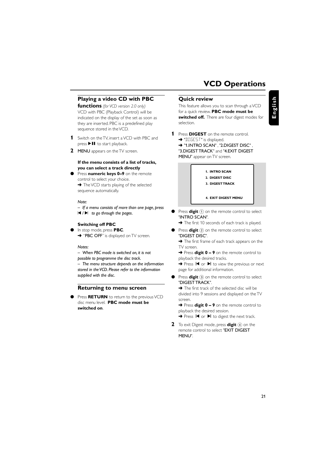 Philips FWV357/55 manual Returning to menu screen, Quick review, Switching off PBC 