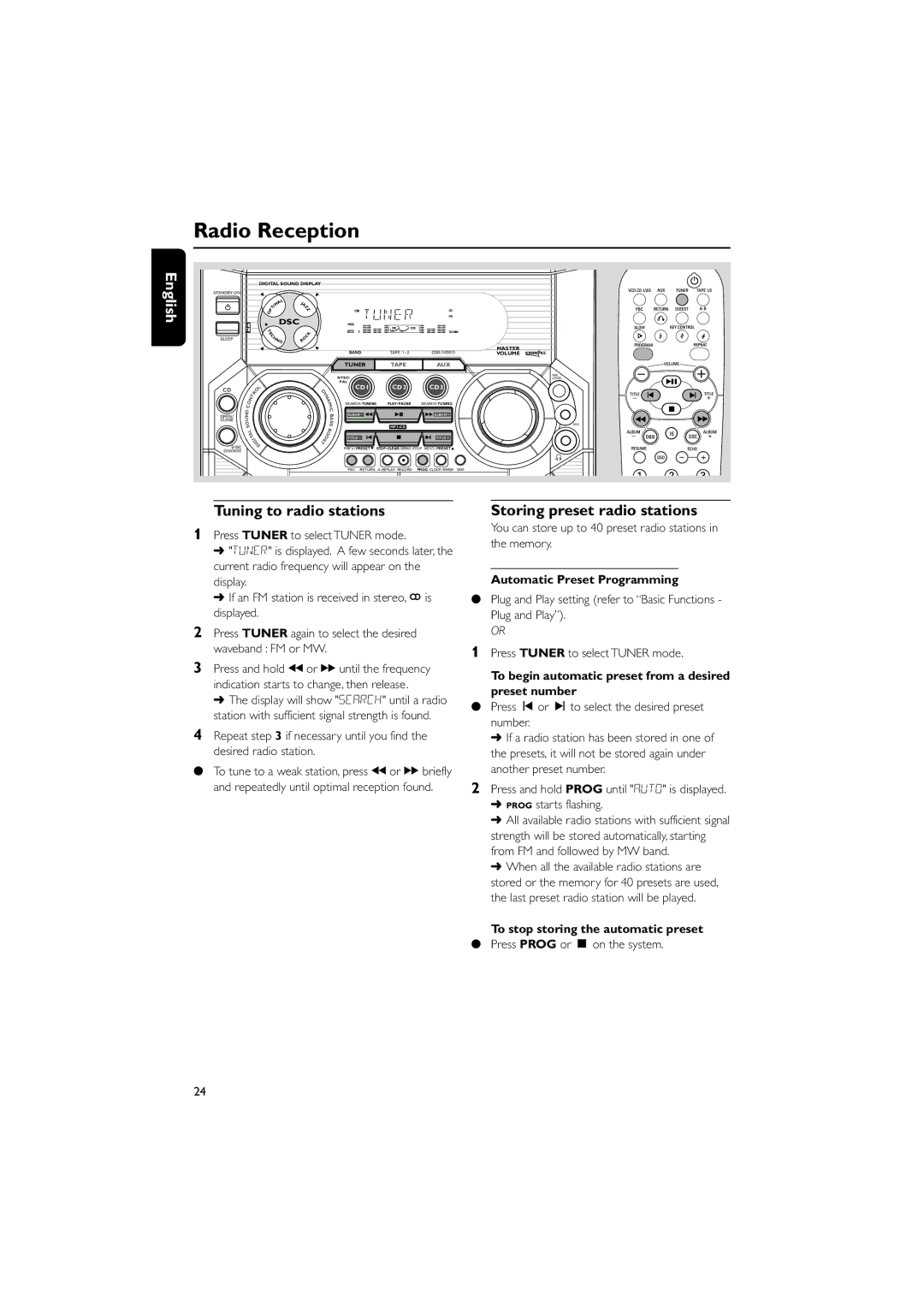 Philips FWV357/55 manual Tuning to radio stations, Storing preset radio stations, Automatic Preset Programming 