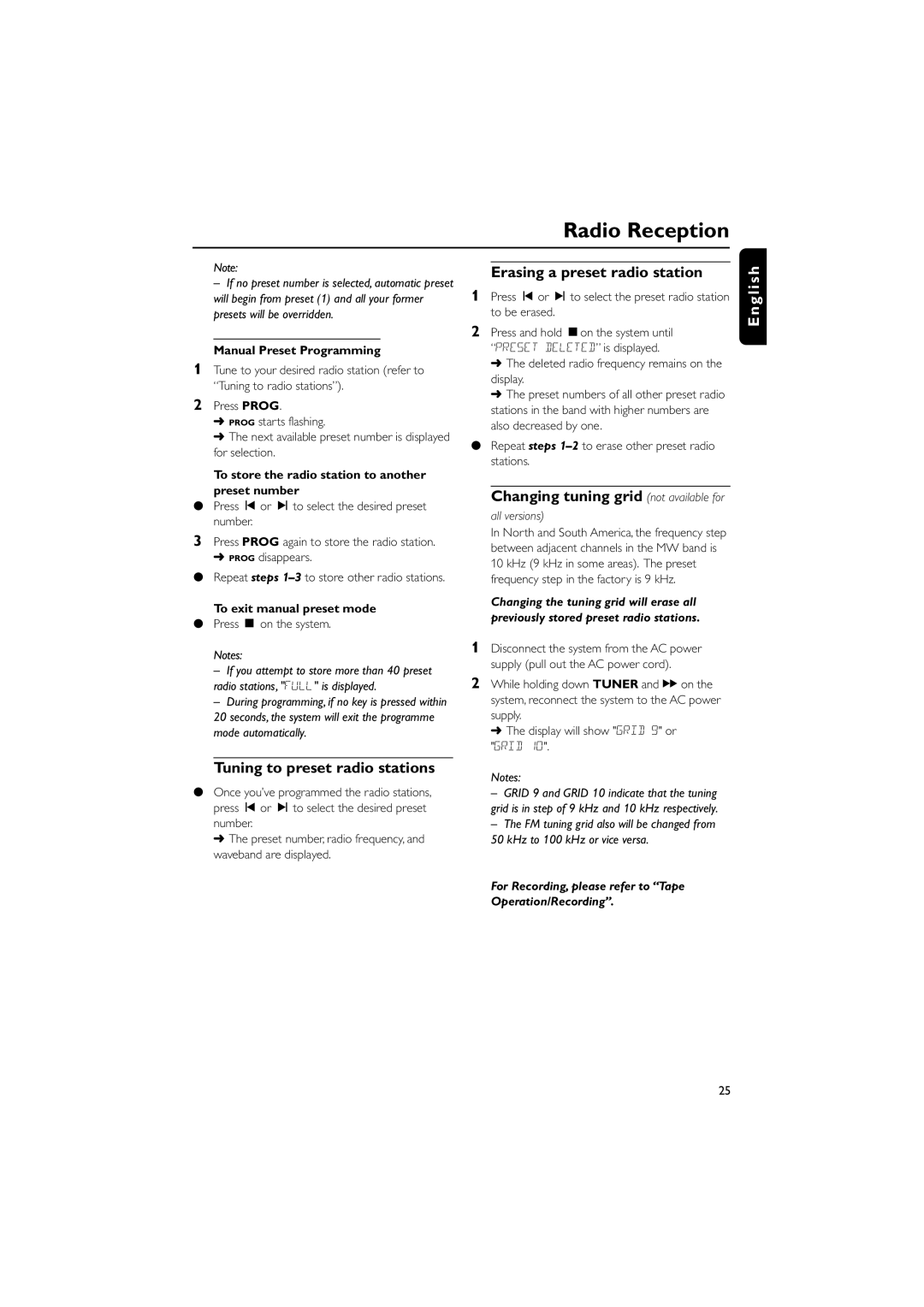 Philips FWV357/55 manual Radio Reception, Erasing a preset radio station, Changing tuning grid not available for 