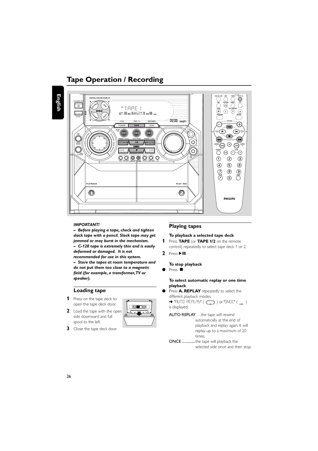 Philips FWV357/55 manual Tape Operation / Recording, Loading tape, Playing tapes, To playback a selected tape deck 