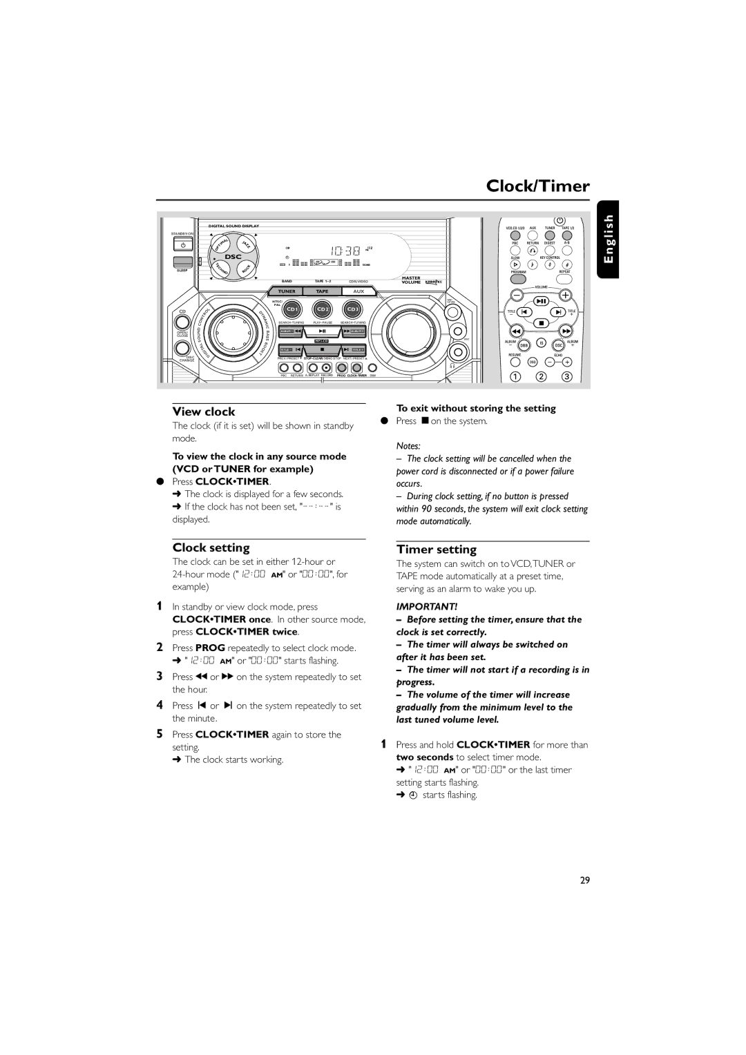 Philips FWV357/55 manual Clock/Timer, View clock, Clock setting Timer setting 