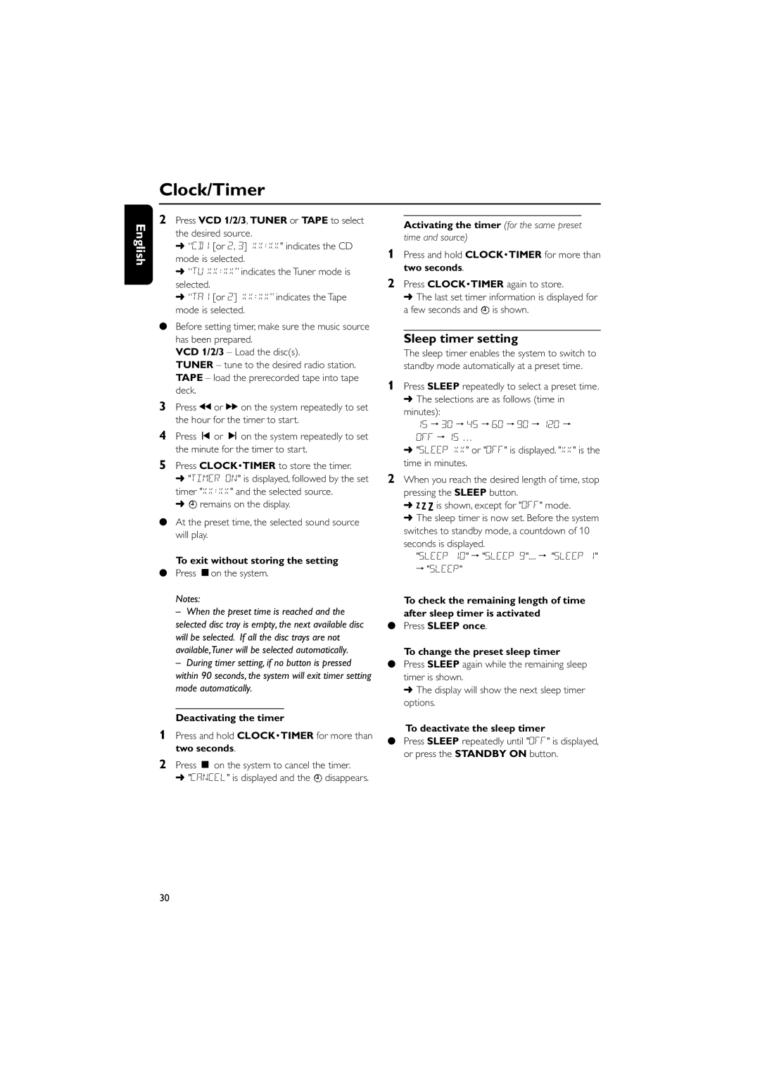 Philips FWV357/55 manual Sleep timer setting 