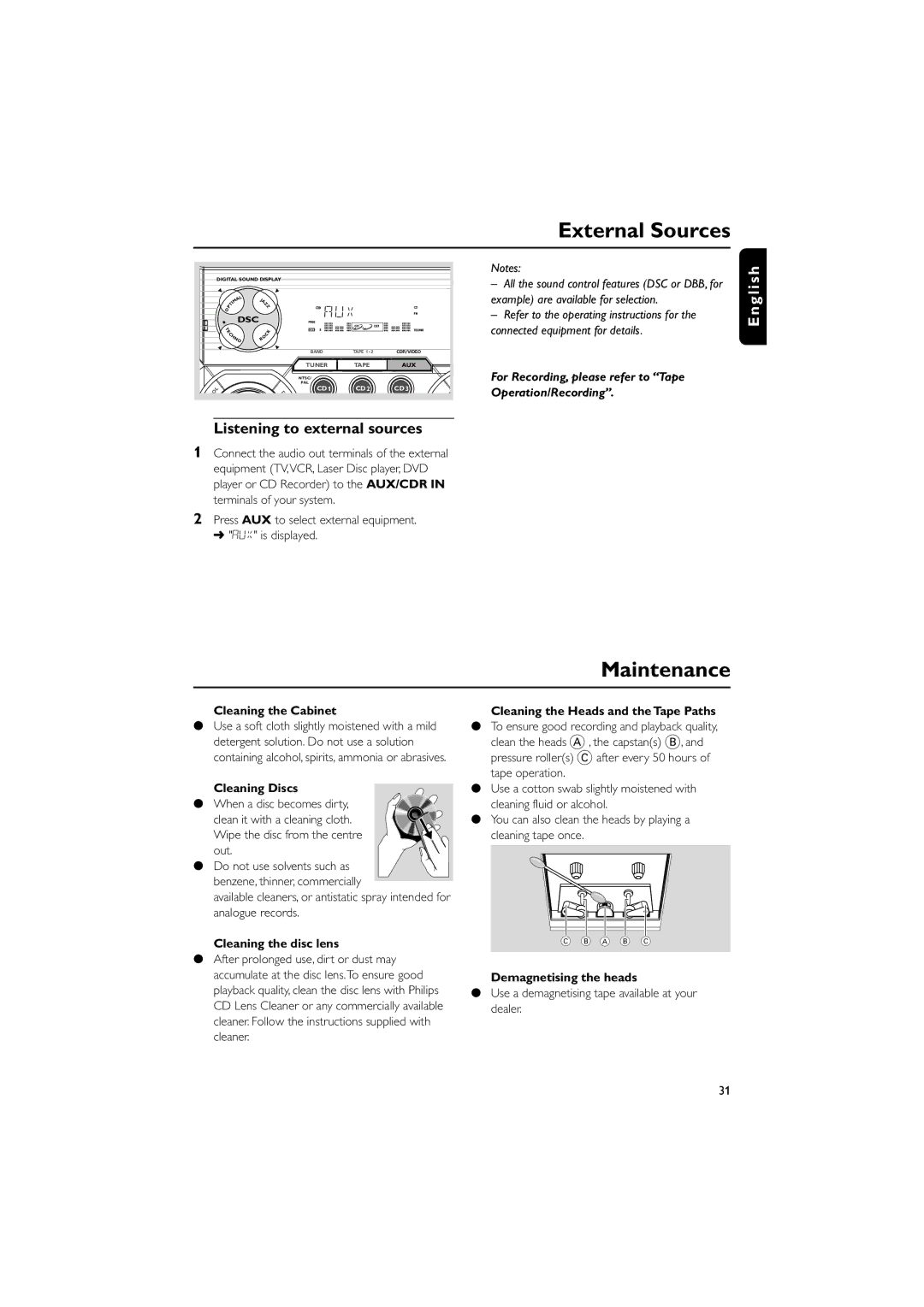 Philips FWV357/55 manual External Sources, Maintenance, Listening to external sources 