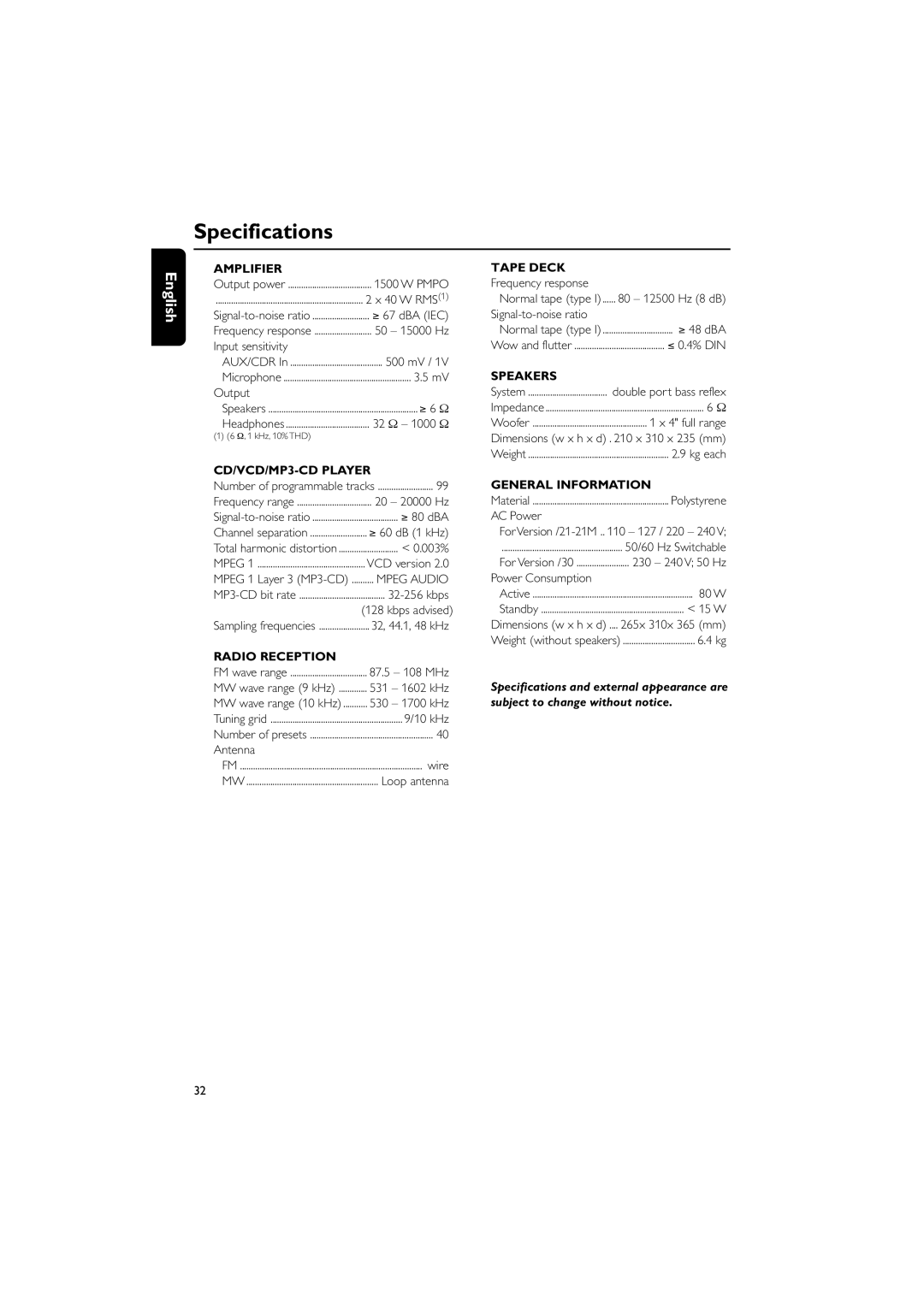 Philips FWV357/55 manual Specifications 