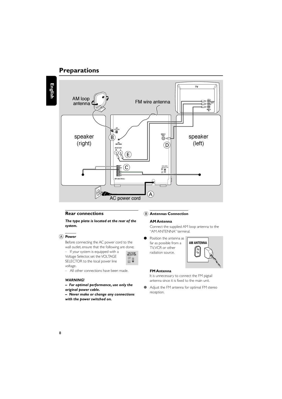 Philips FWV357/55 manual Preparations, Rear connections, Power, Antennas Connection AM Antenna, FM Antenna 