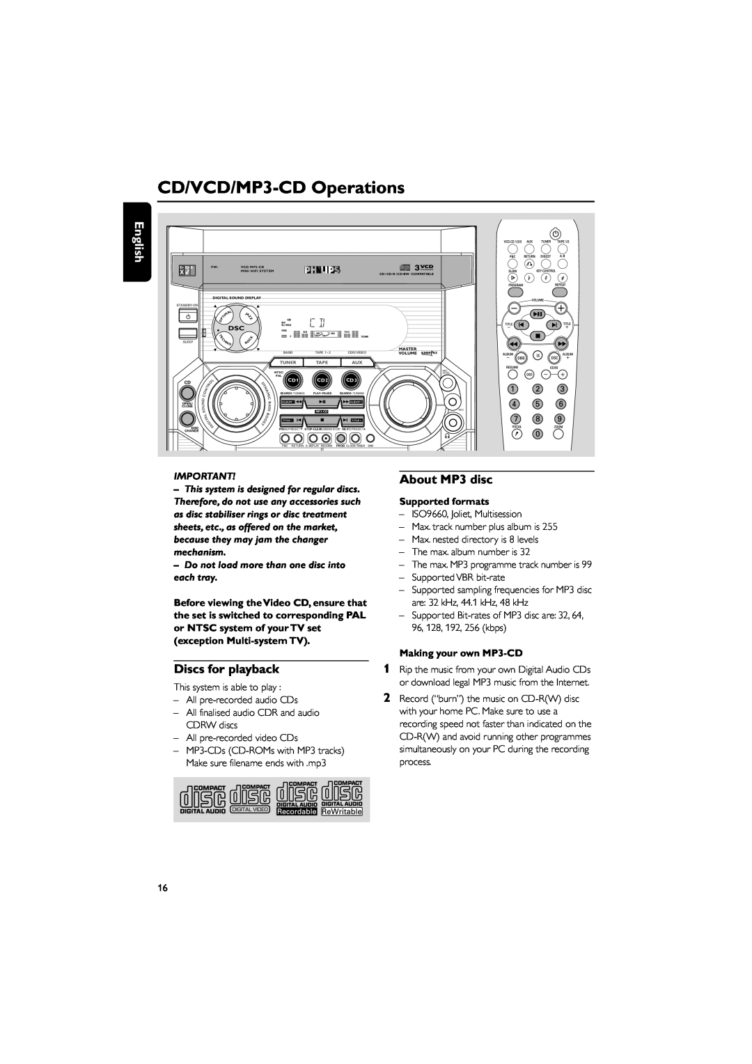 Philips FWV357/55 manual CD/VCD/MP3-CDOperations, About MP3 disc, English, Discs for playback 
