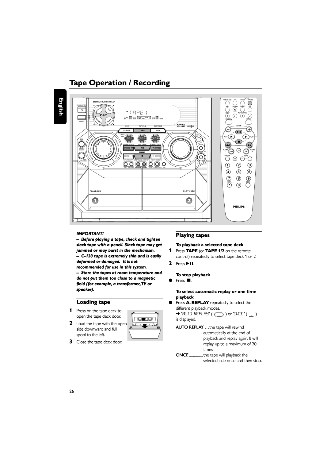 Philips FWV357/55 manual Tape Operation / Recording, English, To playback a selected tape deck, To stop playback 