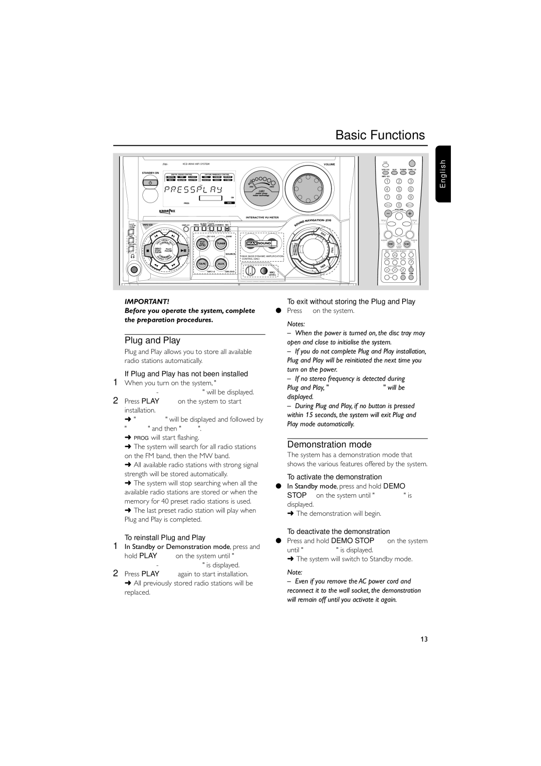 Philips FWV537 manual Basic Functions, Plug and Play, Demonstration mode 