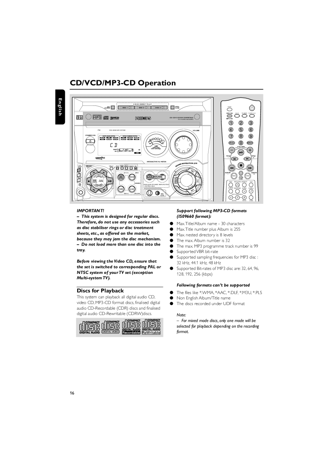 Philips FWV537 manual CD/VCD/MP3-CD Operation, Discs for Playback 