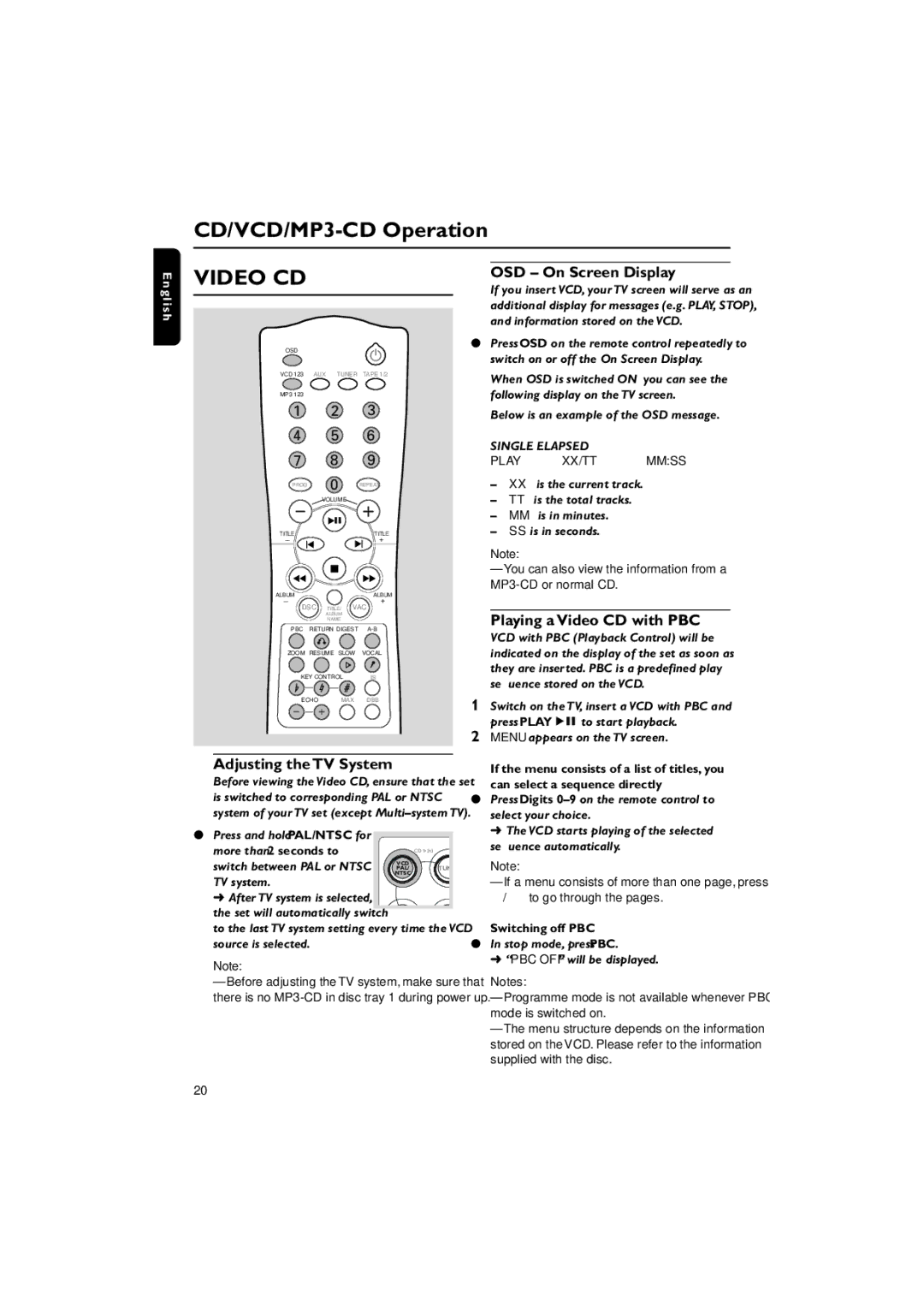 Philips FWV537 manual Adjusting the TV System, OSD On Screen Display, Playing a Video CD with PBC, Switching off PBC 