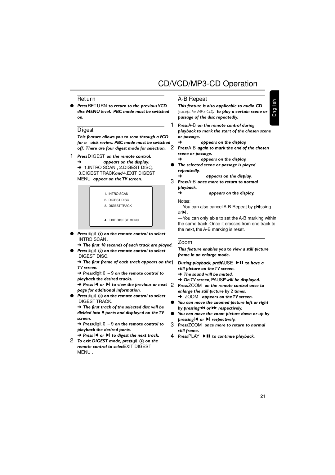 Philips FWV537 manual Return Repeat, Digest, Zoom, Press digit 1 on the remote control to select Intro Scan 