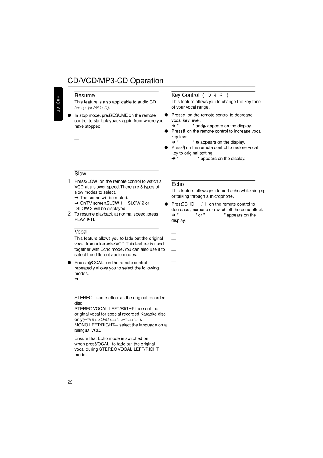 Philips FWV537 manual Resume Key Control I È, Slow, Vocal, Echo, Playéå 