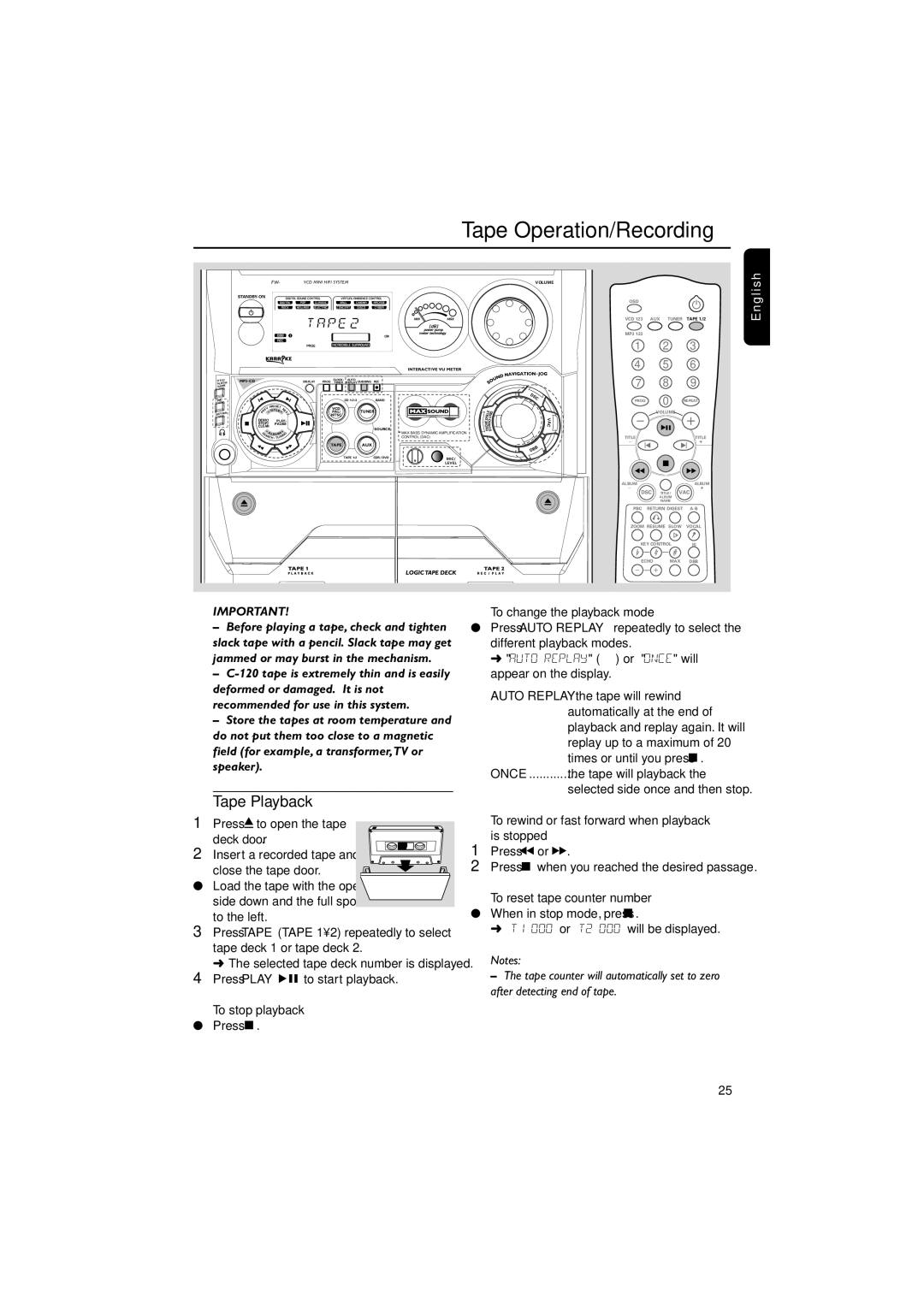 Philips FWV537 manual Tape Operation/Recording, Tape Playback, To change the playback mode, To reset tape counter number 