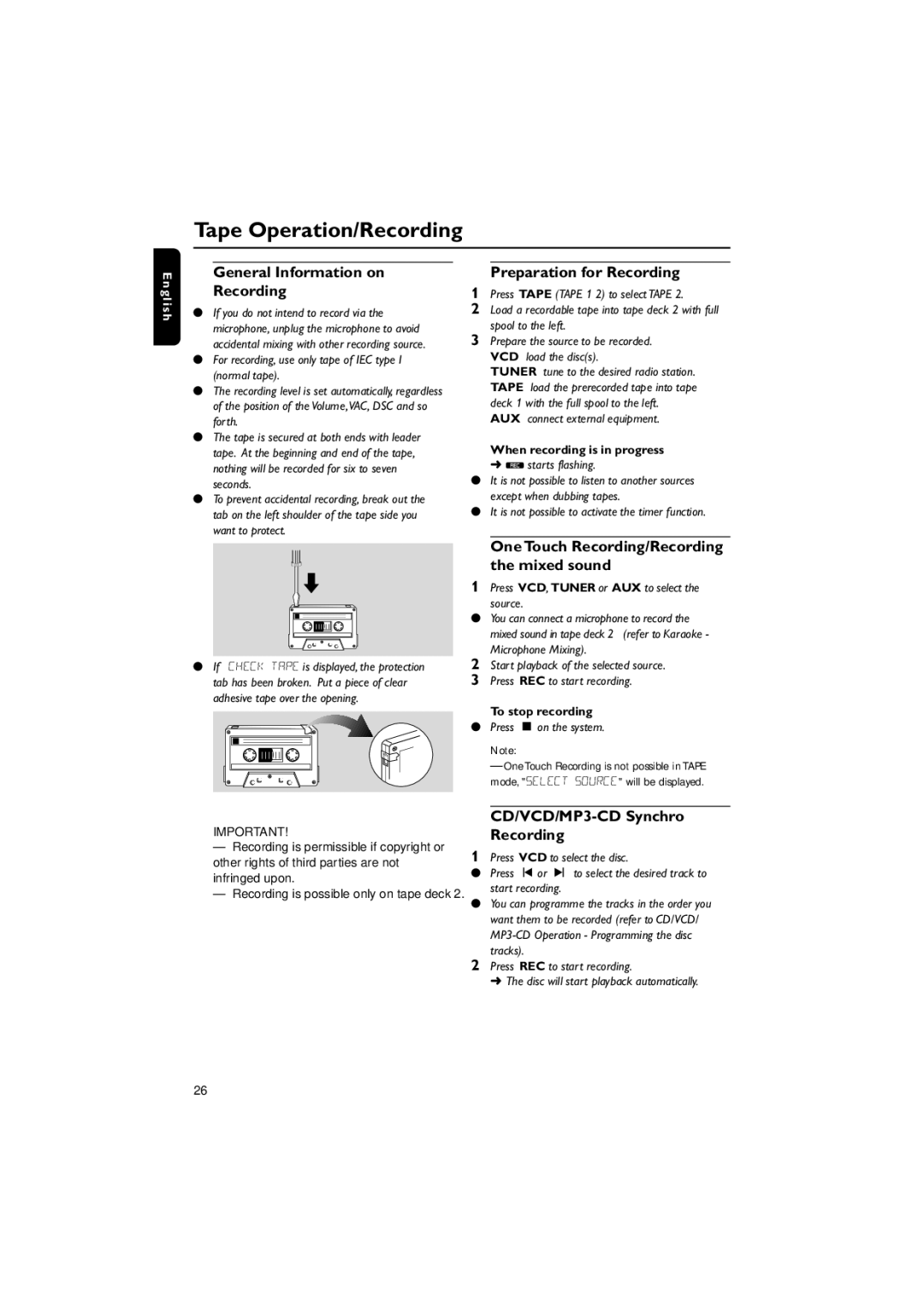 Philips FWV537 manual General Information on Recording, Preparation for Recording, CD/VCD/MP3-CD Synchro Recording 