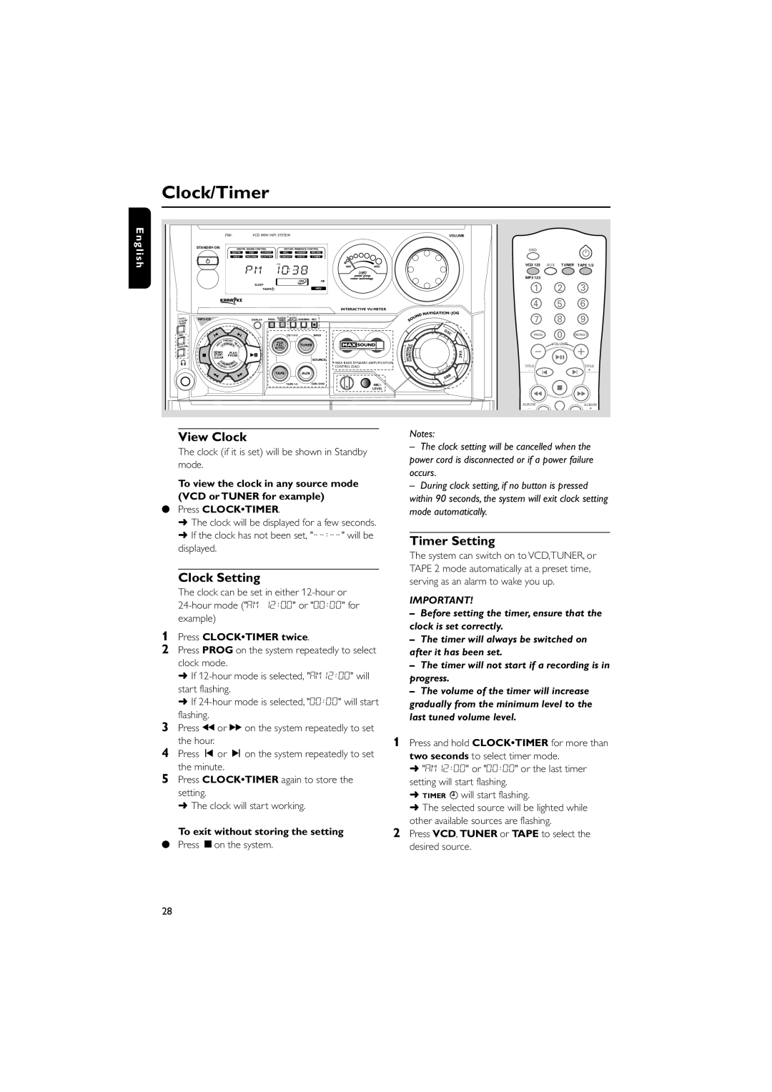 Philips FWV537 manual Clock/Timer, View Clock, Clock Setting, Timer Setting 