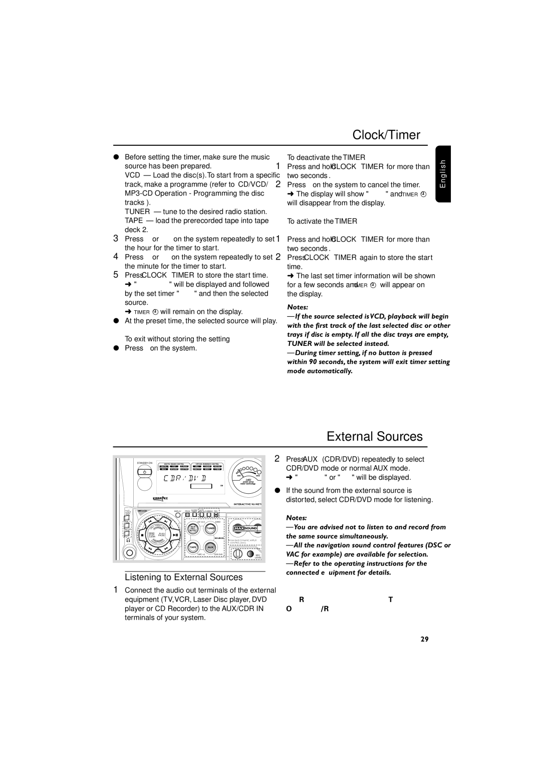 Philips FWV537 manual Listening to External Sources, To deactivate the Timer, To activate the Timer for the same preset 