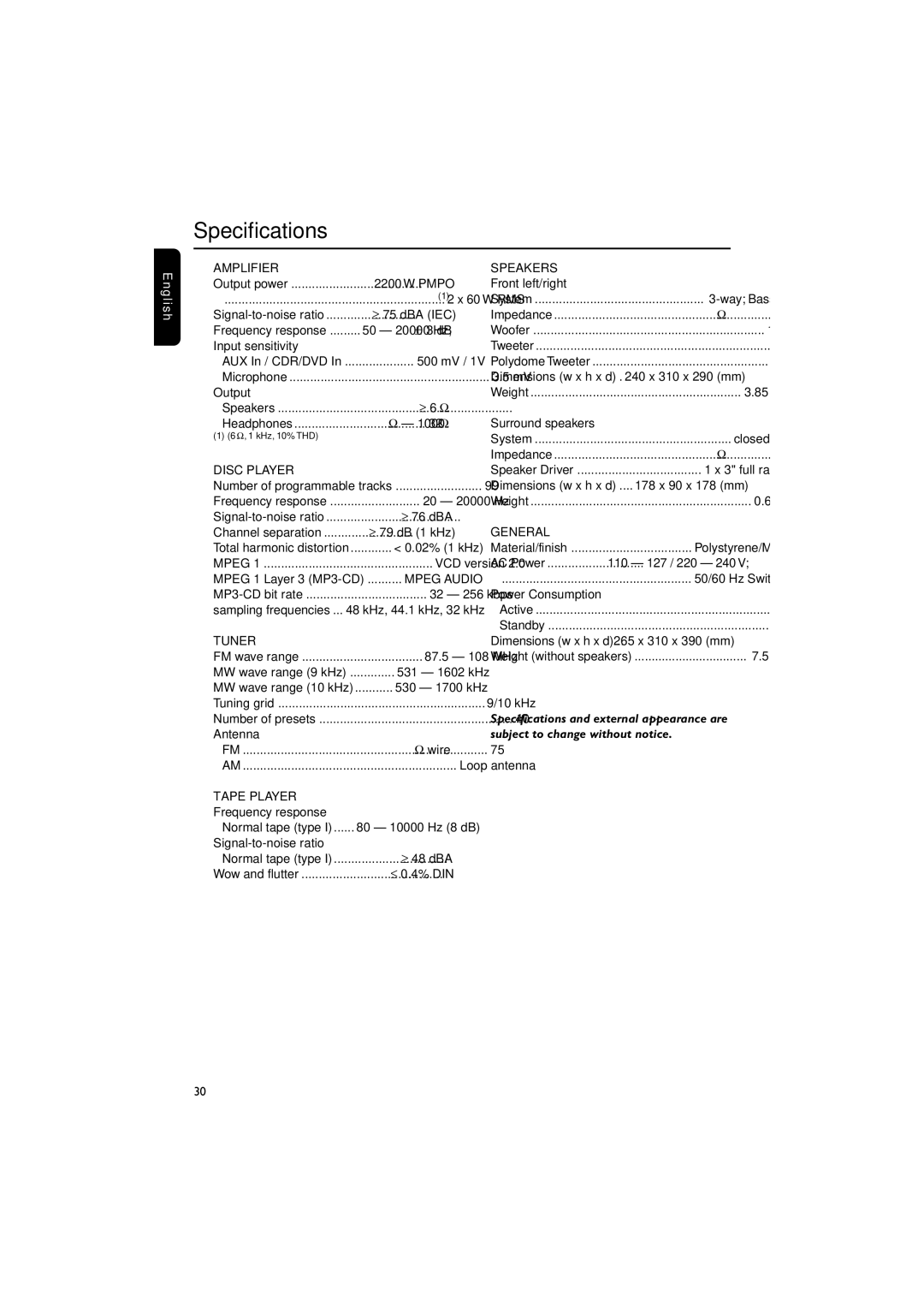 Philips FWV537 manual Specifications 