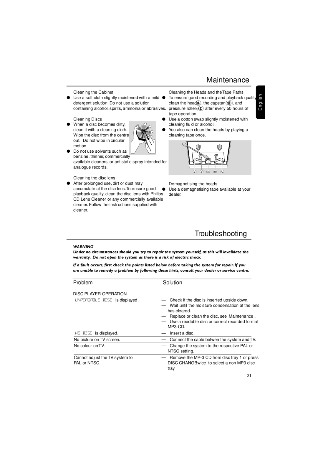 Philips FWV537 manual Maintenance, Troubleshooting, Problem Solution, Disc Player Operation 