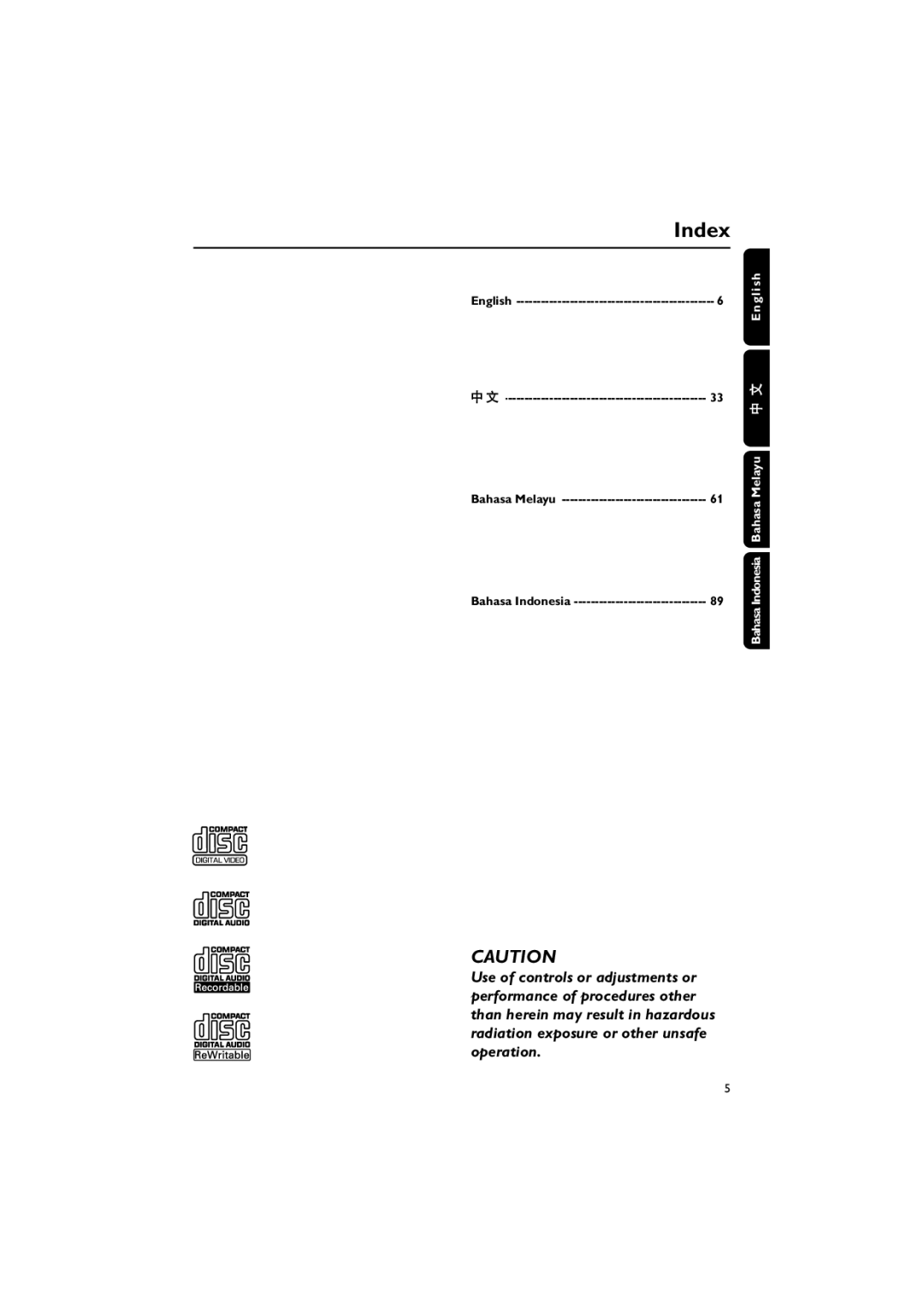 Philips FWV537 manual Index 