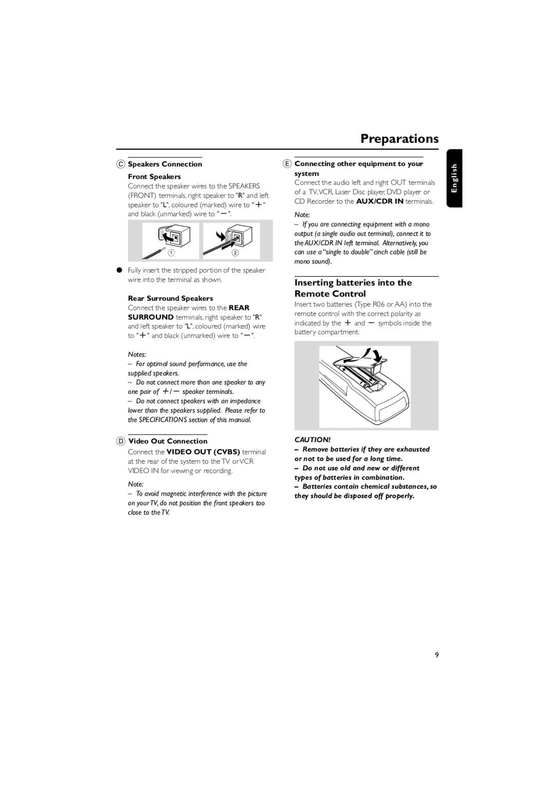 Philips FWV537 manual Preparations, Inserting batteries into the Remote Control 