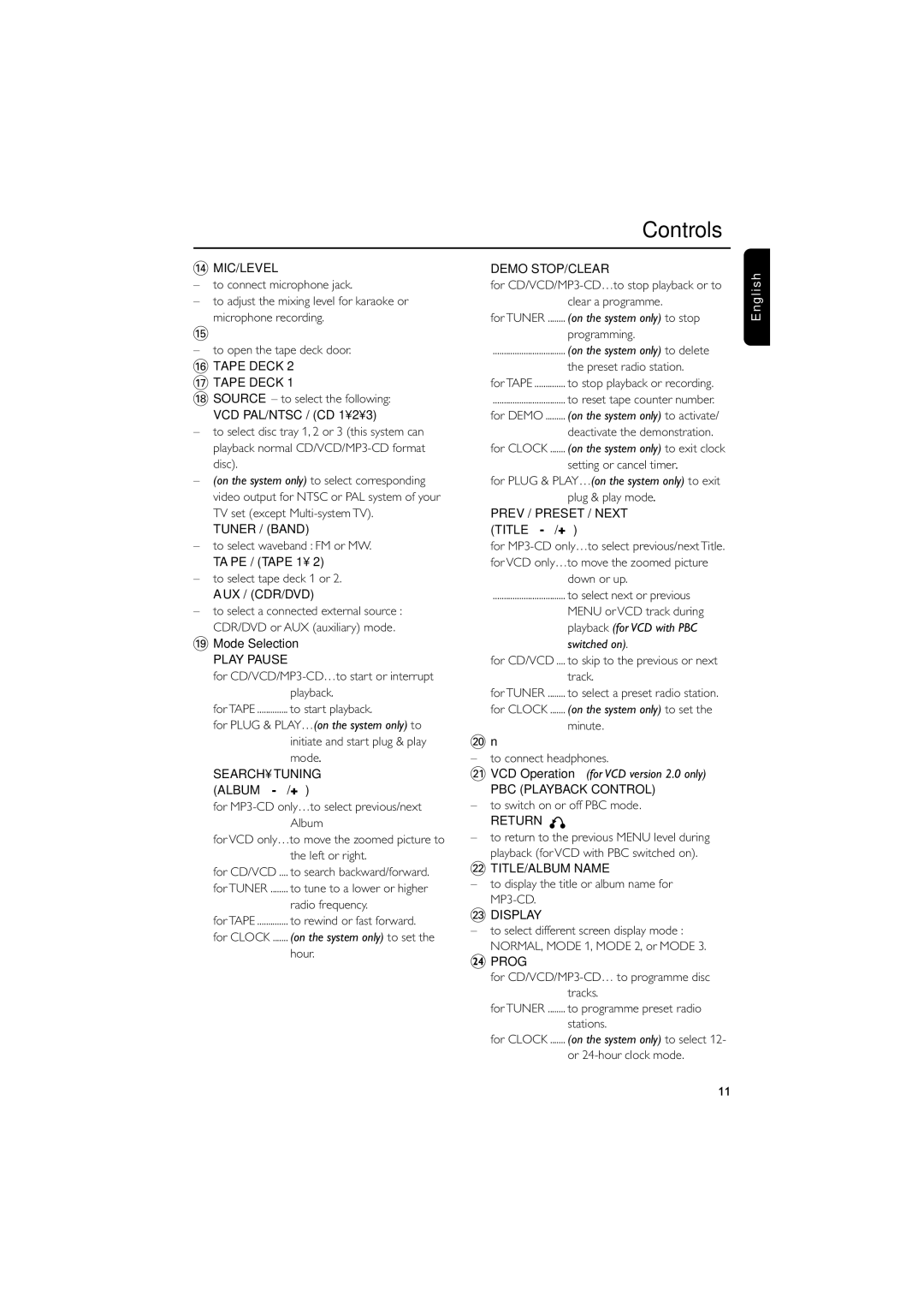 Philips FWV595 manual Controls 