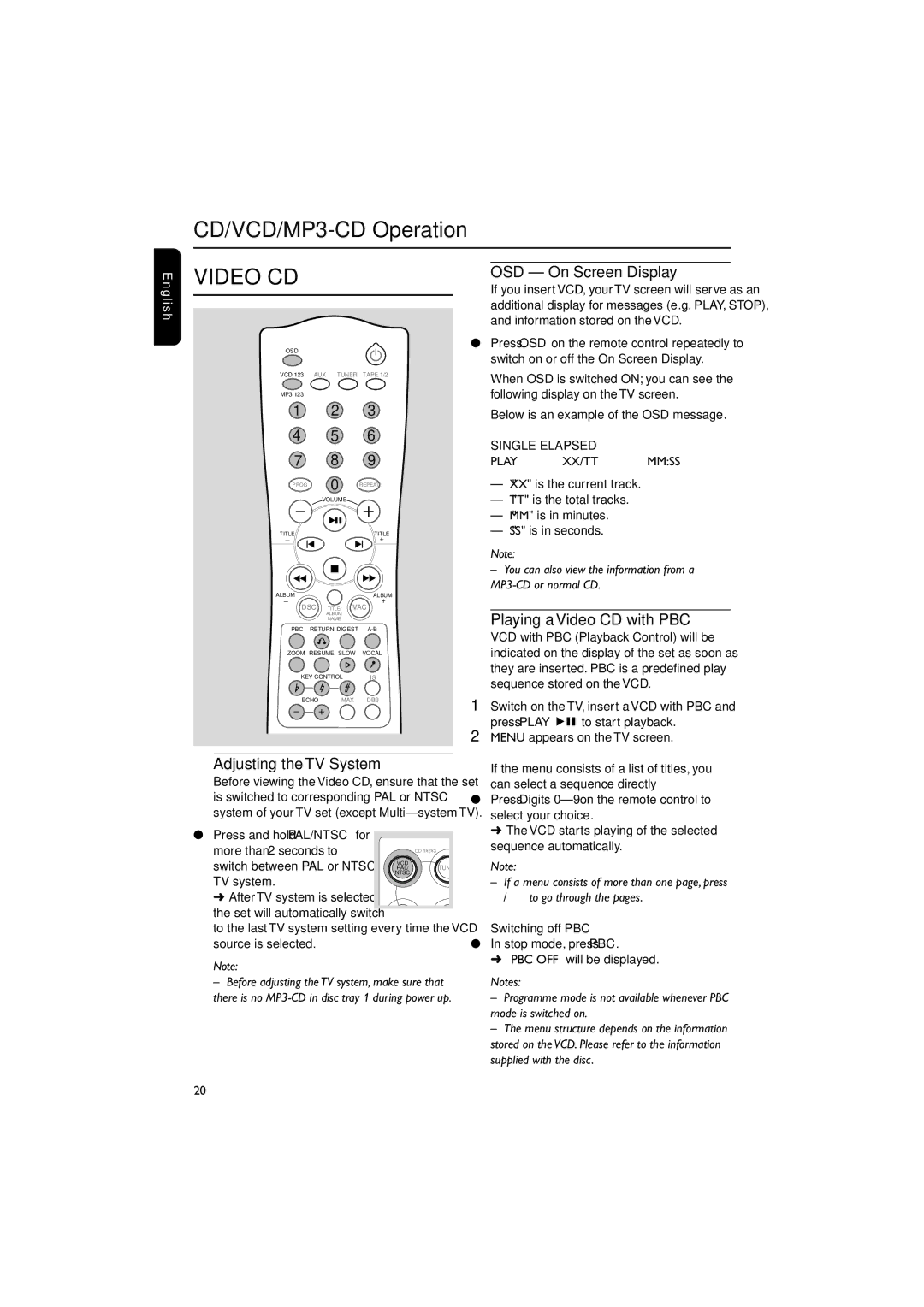 Philips FWV595 manual Adjusting the TV System, OSD On Screen Display, Playing a Video CD with PBC, Switching off PBC 