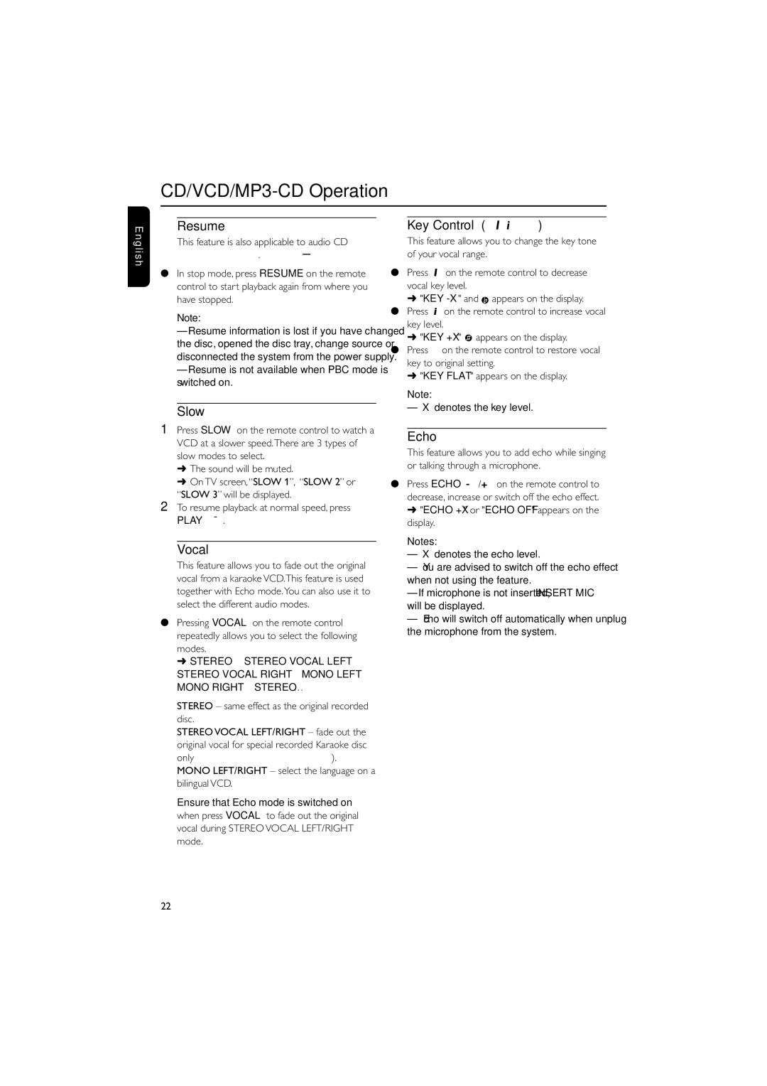 Philips FWV595 manual Resume Key Control I È, Slow, Vocal, Echo, Playéå 