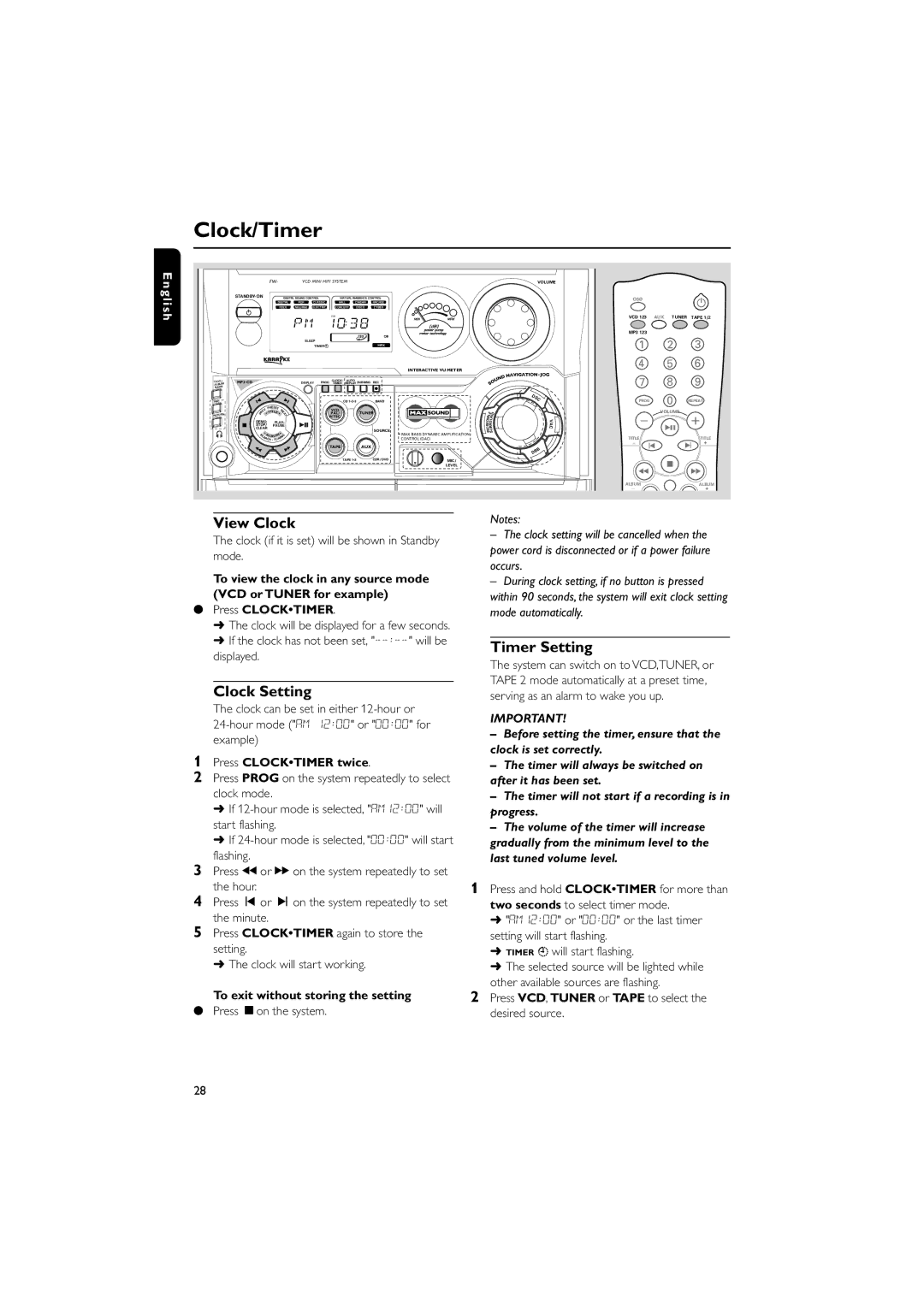 Philips FWV595 manual Clock/Timer, View Clock, Clock Setting, Timer Setting 