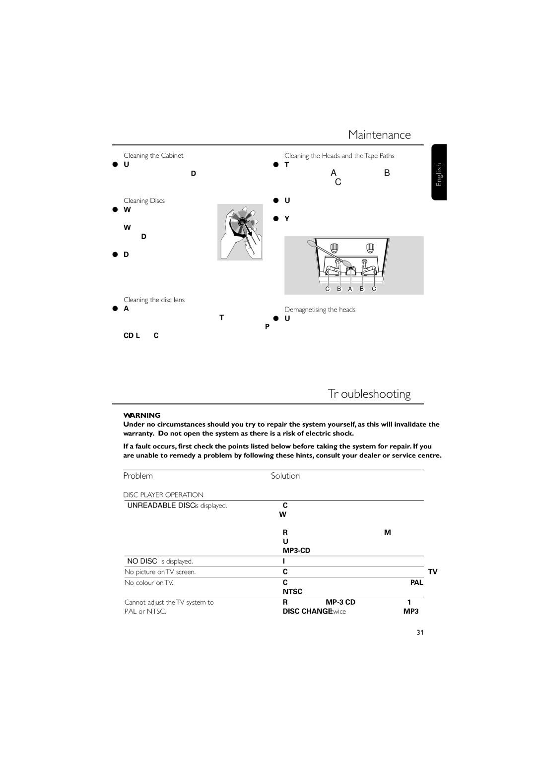 Philips FWV595 manual Maintenance, Troubleshooting, Problem Solution, Disc Player Operation 