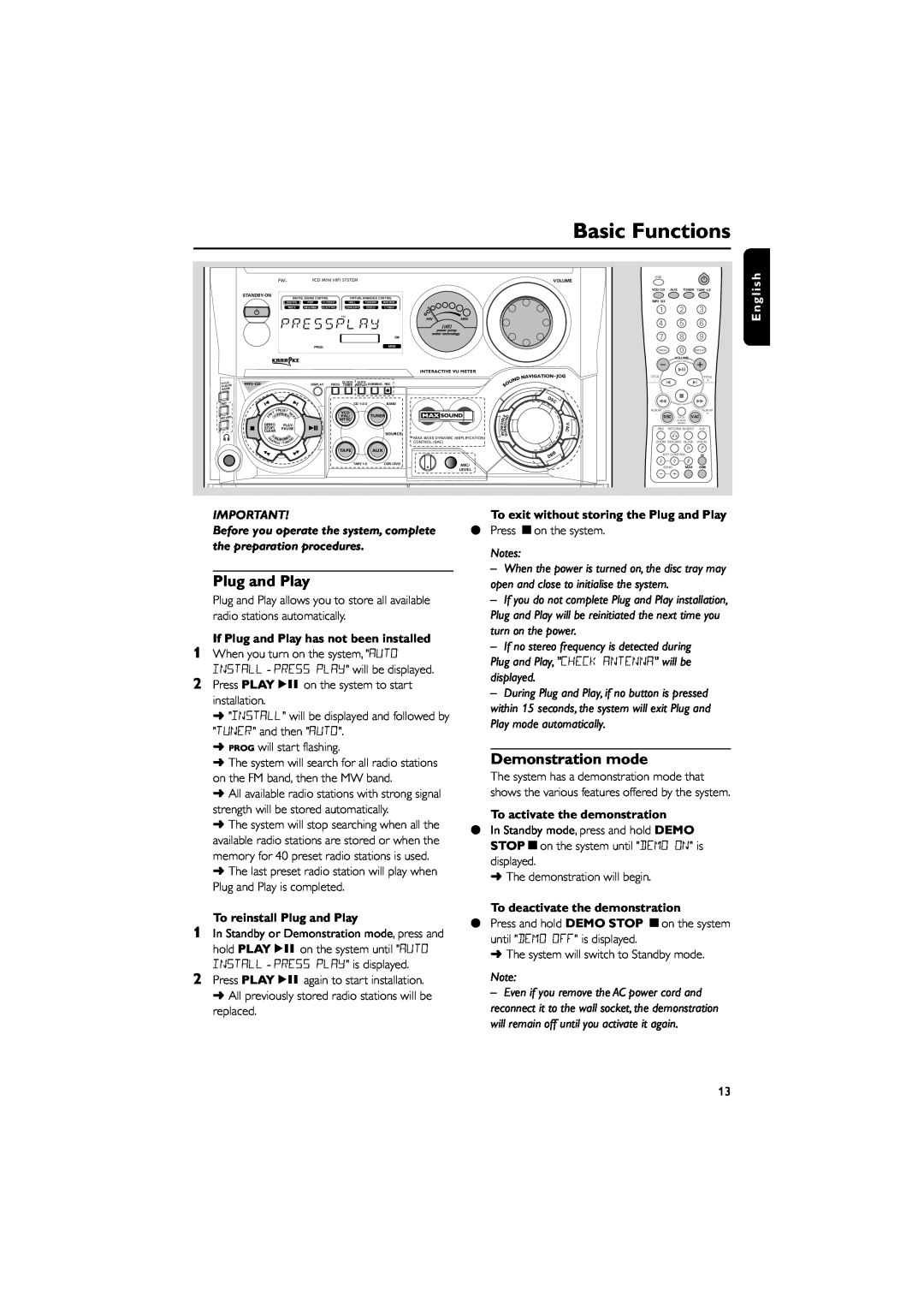 Philips FWV595 manual Basic Functions, E n g l i s h, If Plug and Play has not been installed, To reinstall Plug and Play 