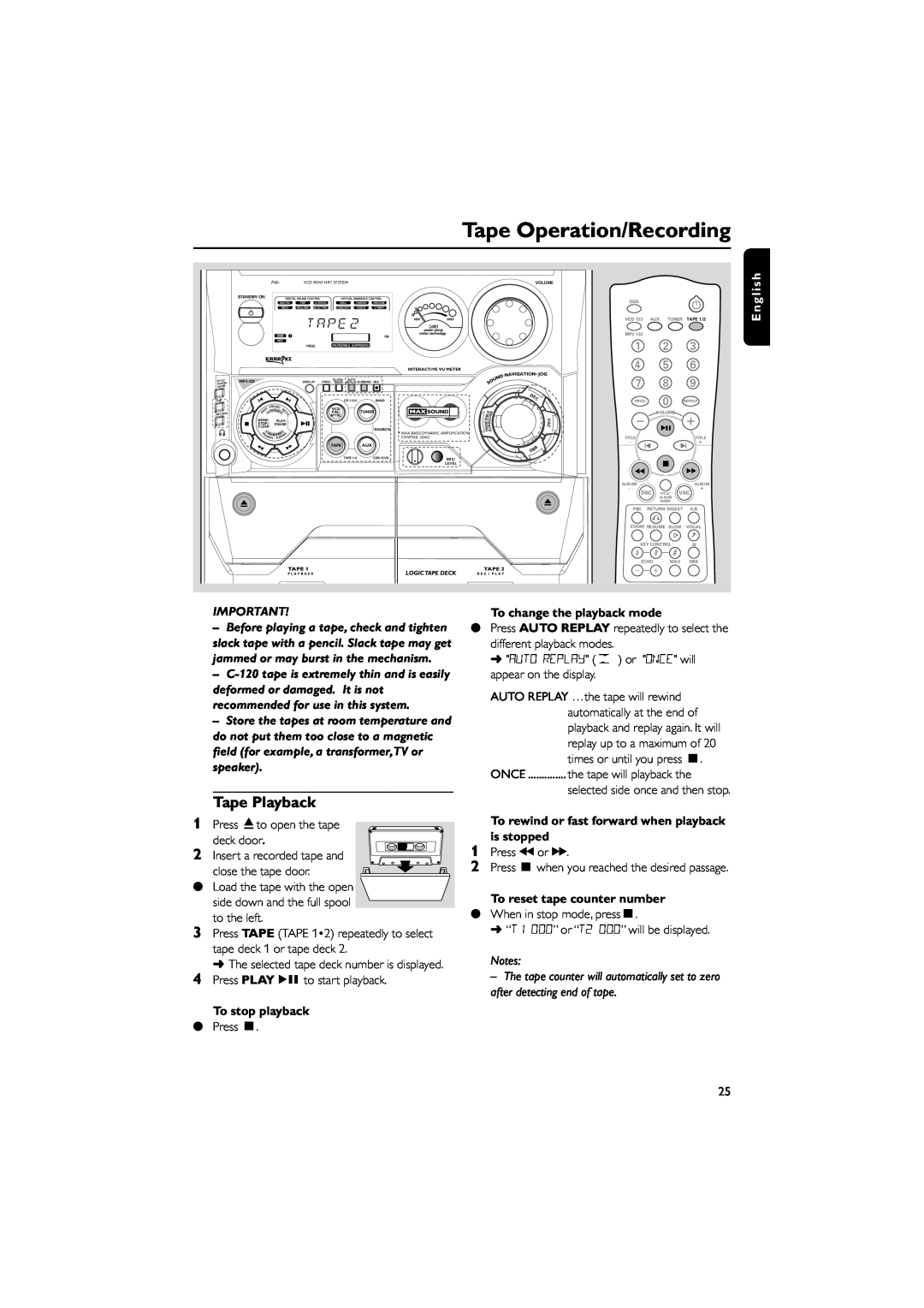 Philips FWV595 manual Tape Operation/Recording, E n g l i s h, To stop playback, To change the playback mode 