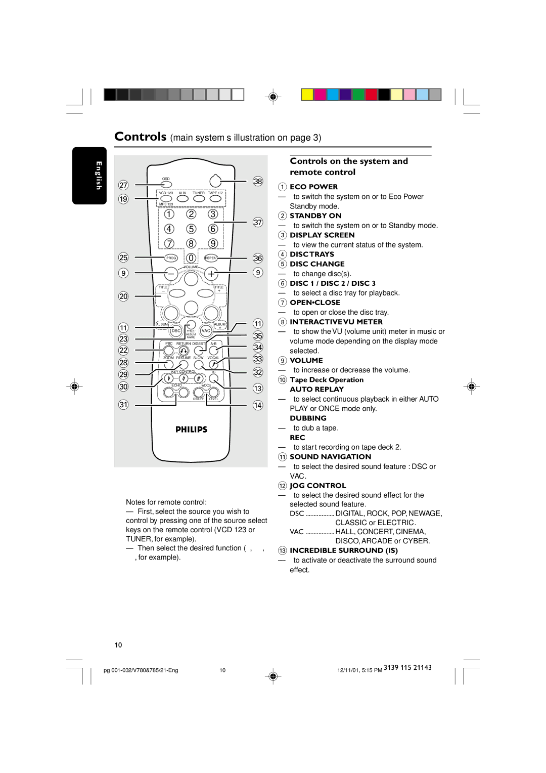 Philips FWV780, FWV785 manual Controls on the system and remote control 