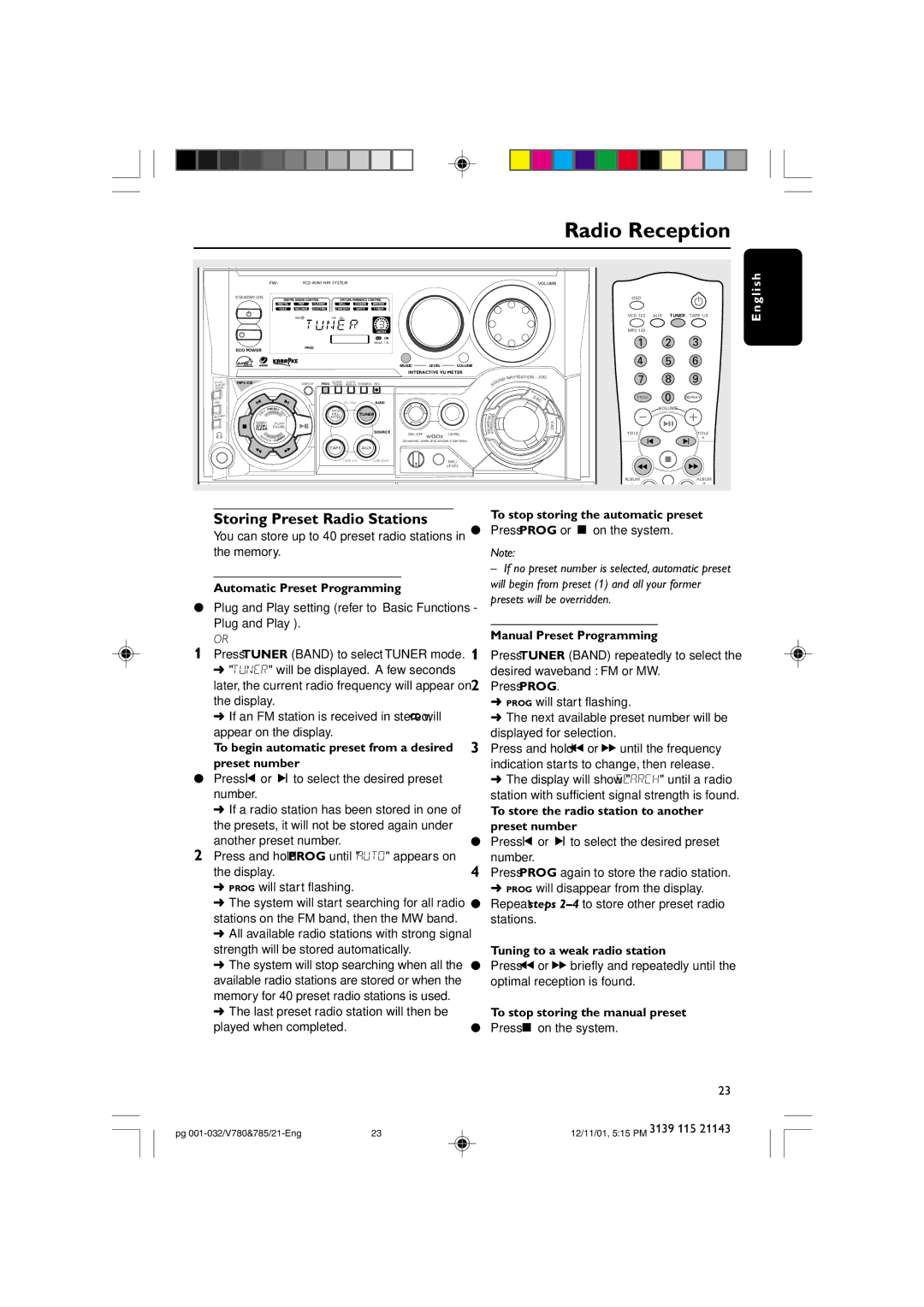 Philips FWV785, FWV780 manual Radio Reception, Storing Preset Radio Stations 