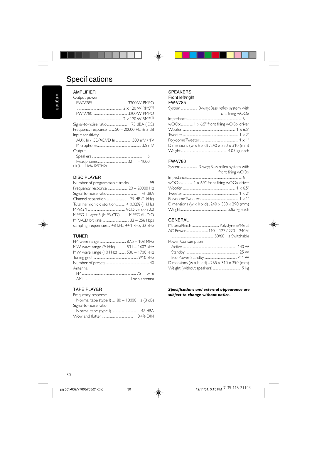 Philips FWV780, FWV785 manual Specifications 