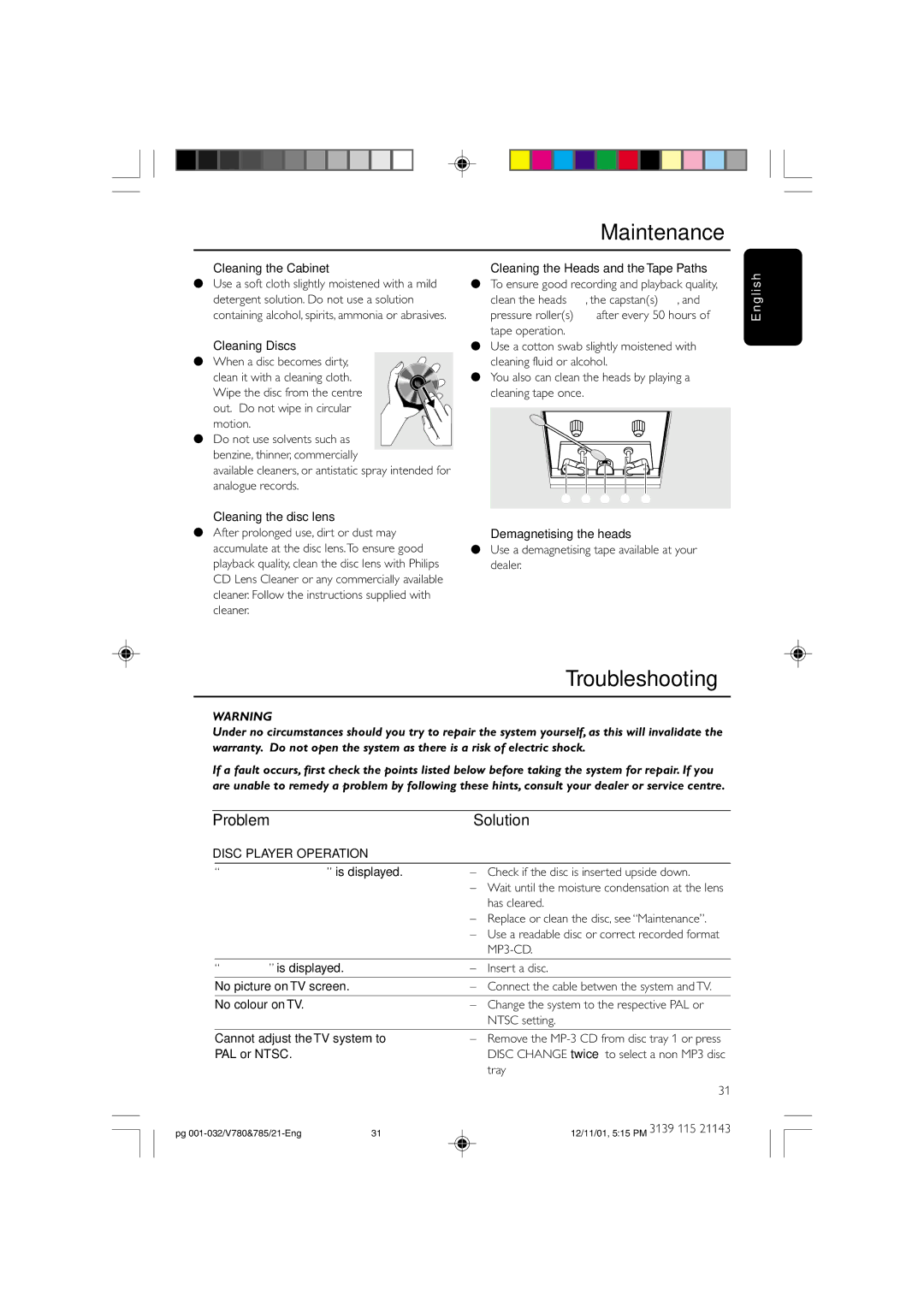 Philips FWV785, FWV780 manual Maintenance, Troubleshooting, Problem Solution, Disc Player Operation 